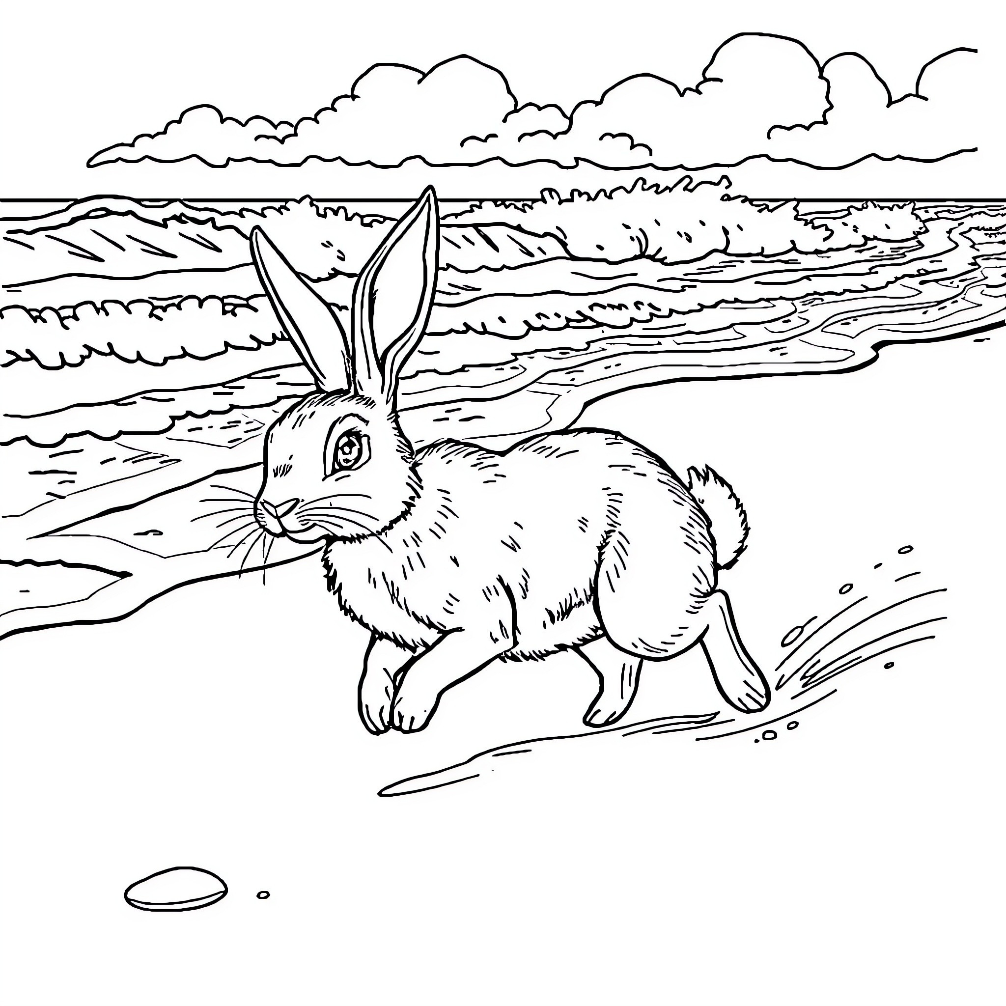 Rabbit hopping on the beach near the ocean Coloring Page (free black-and-white line drawing printable PDF for all, from beginners to advanced learners, including children, teens, adults, and seniors)