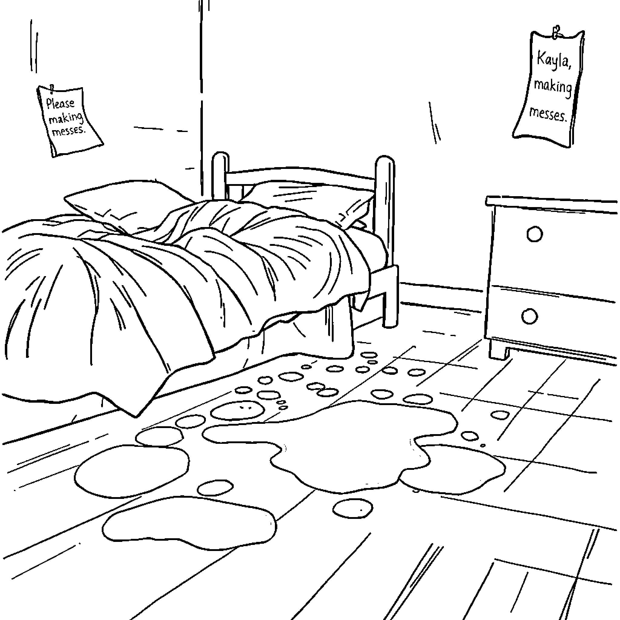 Mess of a Disheveled Bedroom Scene Coloring Page (free black-and-white line drawing printable PDF for all, from beginners to advanced learners, including children, teens, adults, and seniors)