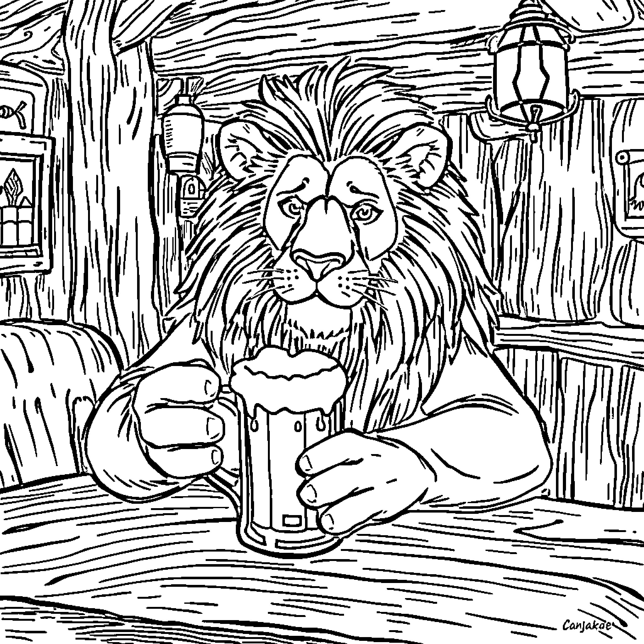 Lion enjoying a mug of beverage in a cozy cabin Coloring Page (free black-and-white line drawing printable PDF for all, from beginners to advanced learners, including children, teens, adults, and seniors)