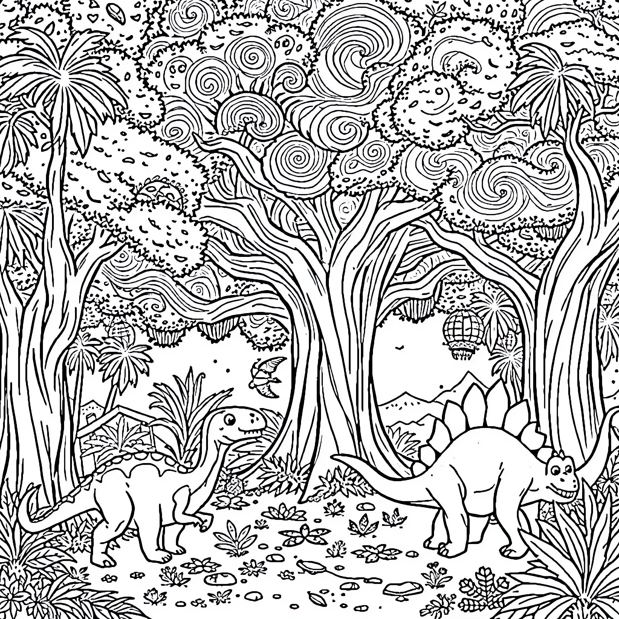 Tree of Prehistoric Wonder Coloring Page (free black-and-white line drawing printable PDF for all, from beginners to advanced learners, including children, teens, adults, and seniors)