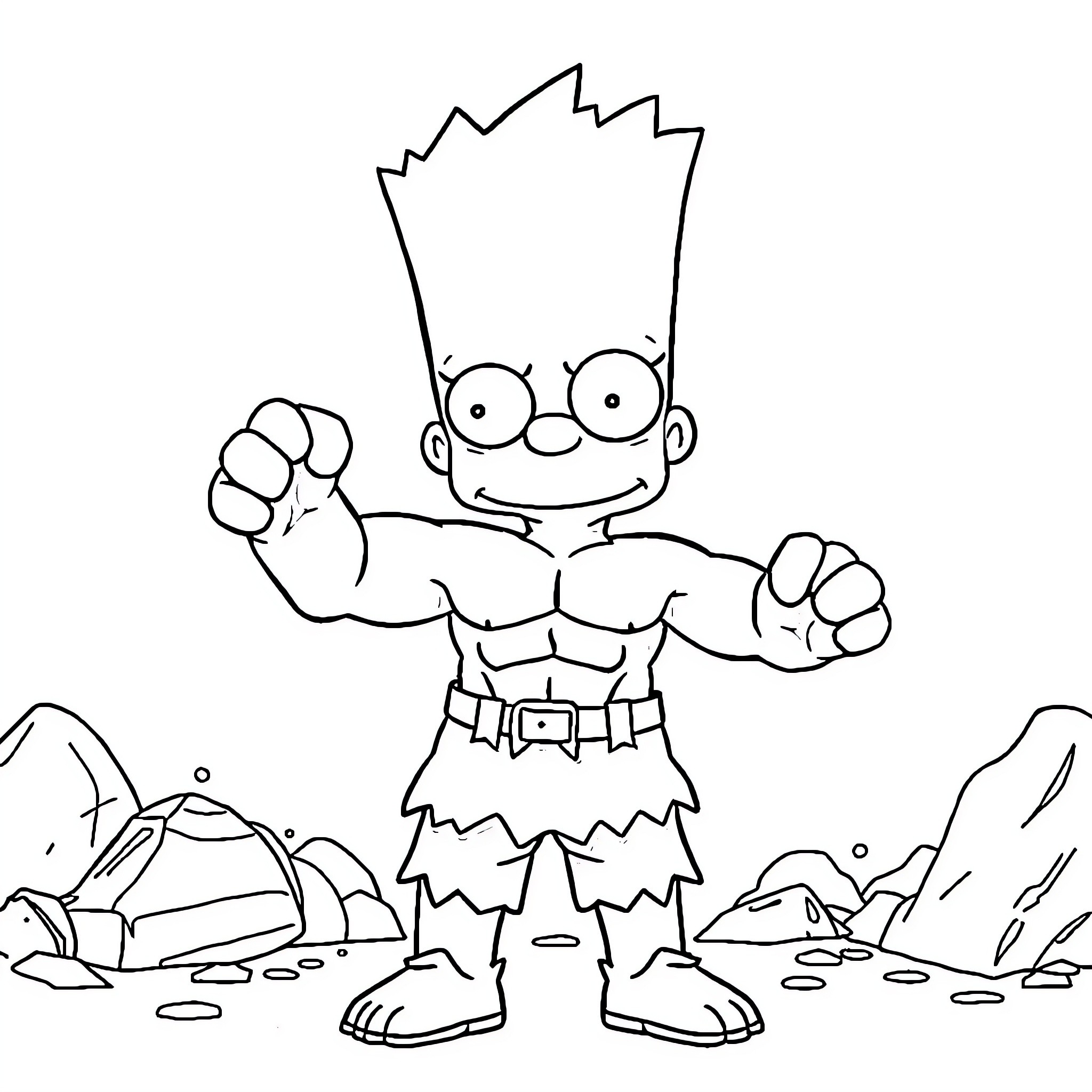 Bart Simpson Flexing His Muscles in Nature Coloring Page (free black-and-white line drawing printable PDF for all, from beginners to advanced learners, including children, teens, adults, and seniors)