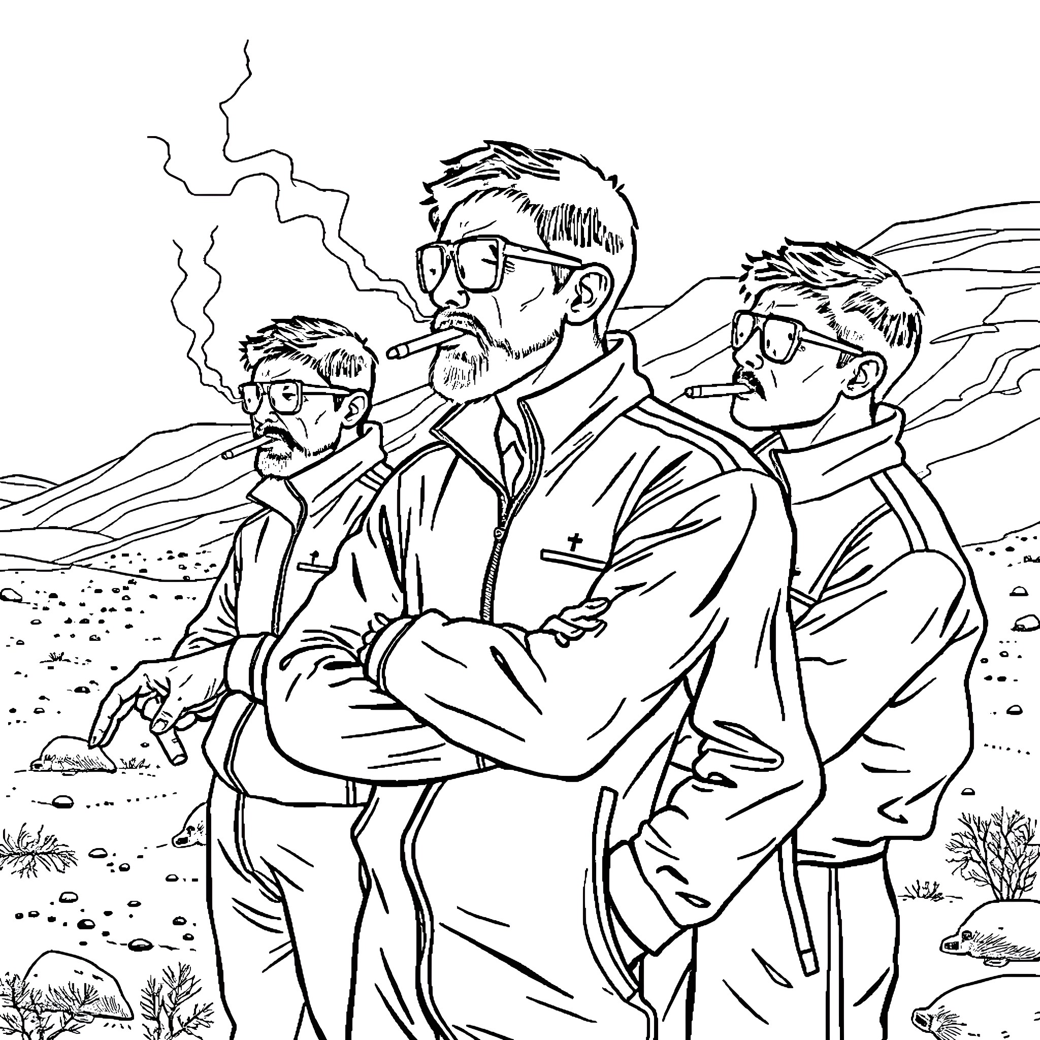 Slavic Men Engaging in Thoughtful Discussion Outdoors Coloring Page (free black-and-white line drawing printable PDF for all, from beginners to advanced learners, including children, teens, adults, and seniors)