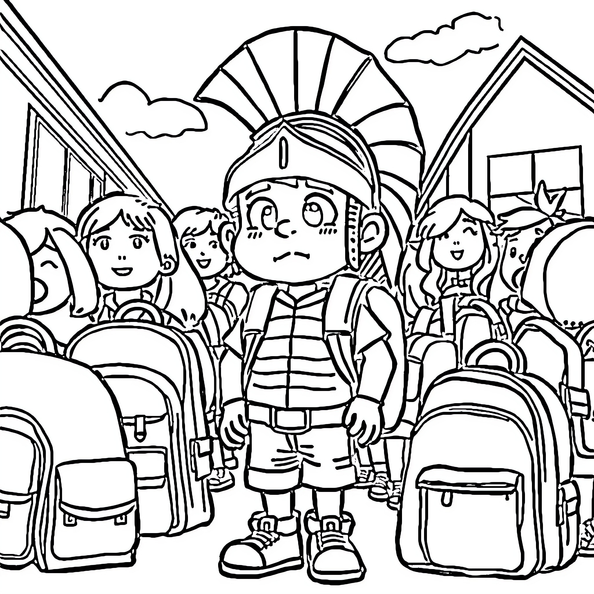 Trojan Children on School Bus Adventure Coloring Page (free black-and-white line drawing printable PDF for all, from beginners to advanced learners, including children, teens, adults, and seniors)