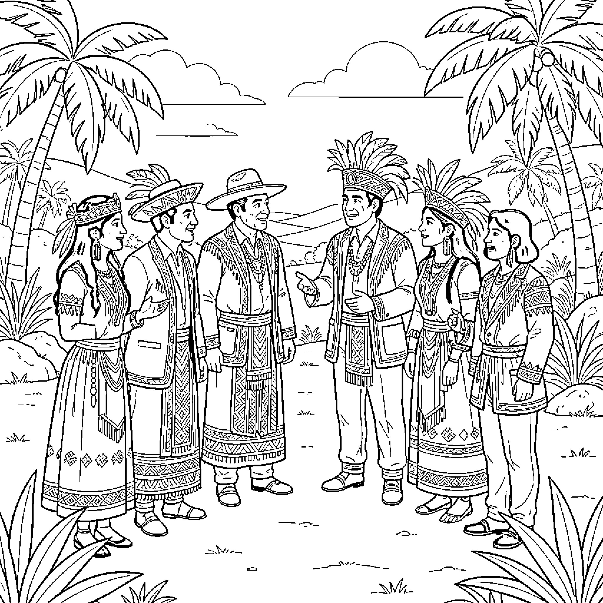 Spanish and Yaqui cultural exchange in tropical setting Coloring Page (free black-and-white line drawing printable PDF for all, from beginners to advanced learners, including children, teens, adults, and seniors)