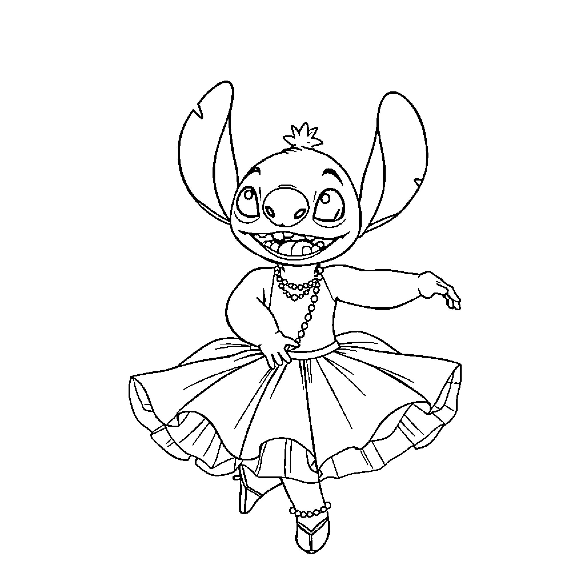 Stitch dancing in a whimsical dress Coloring Page (free black-and-white line drawing printable PDF for all, from beginners to advanced learners, including children, teens, adults, and seniors)