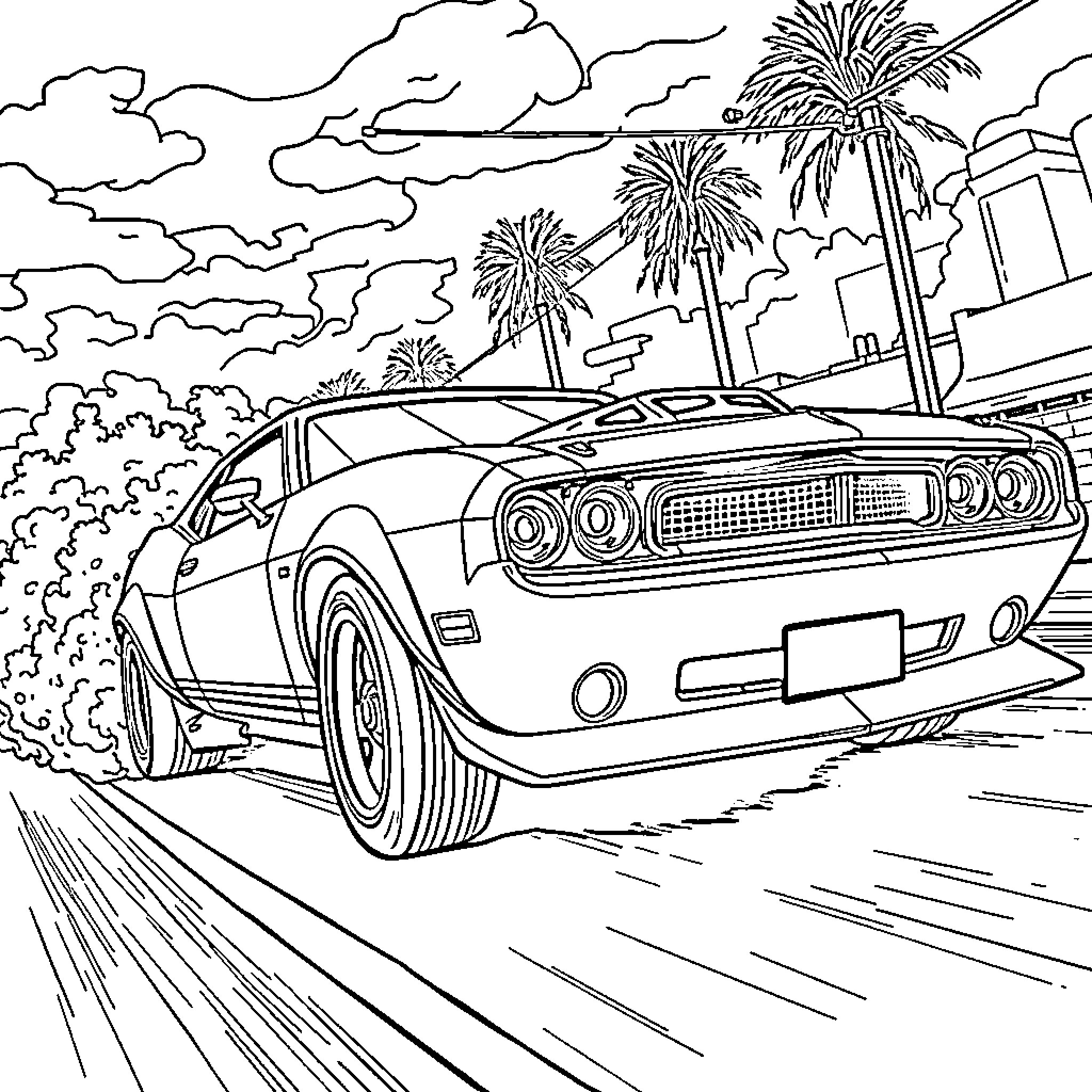 Car speeding down the road with palm trees Coloring Page (free black-and-white line drawing printable PDF for all, from beginners to advanced learners, including children, teens, adults, and seniors)