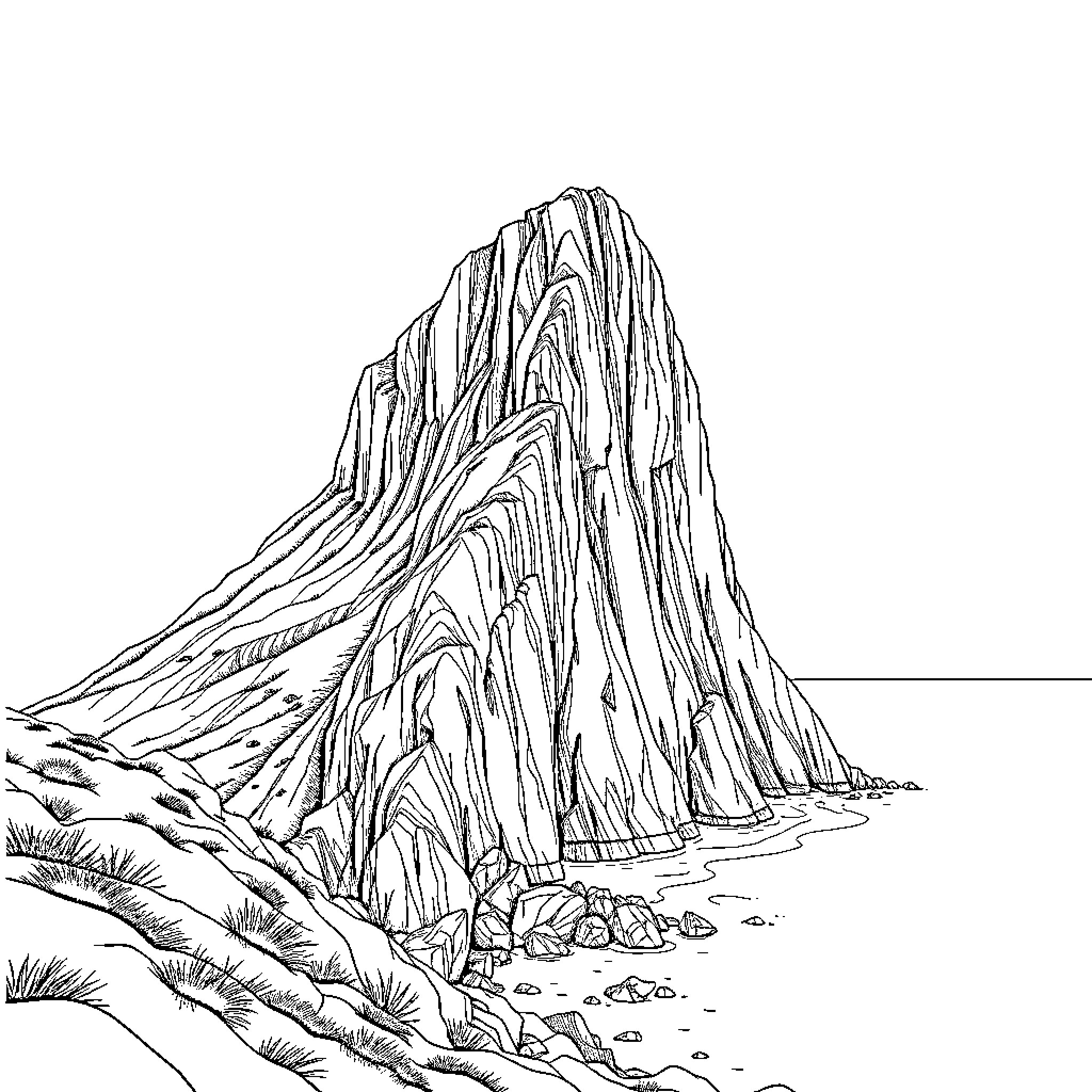 Bray Head - Dramatic Cliff Landscape Coloring Page (free black-and-white line drawing printable PDF for all, from beginners to advanced learners, including children, teens, adults, and seniors)