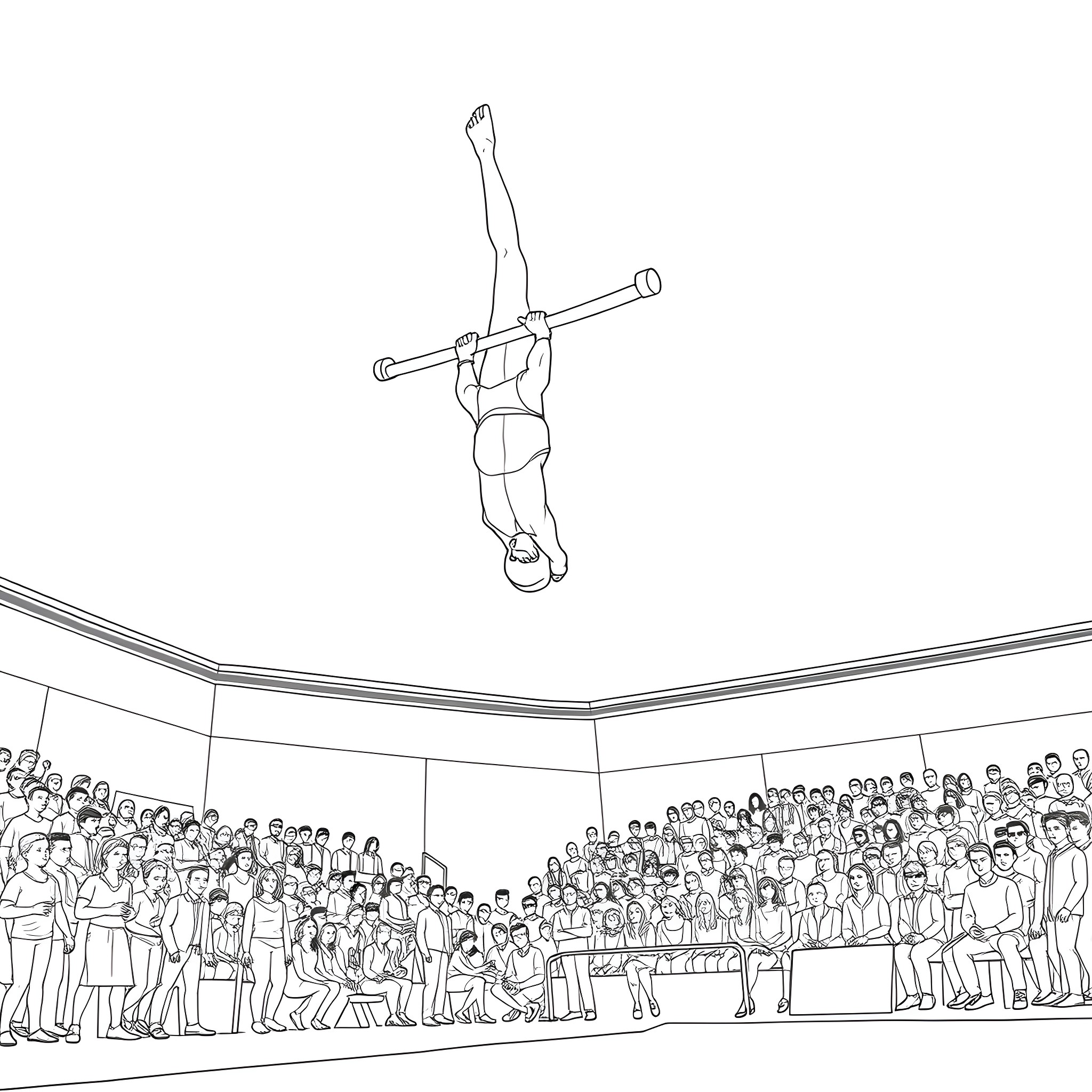 Man performing acrobatic stunt in front of audience Coloring Page (free black-and-white line drawing printable PDF for all, from beginners to advanced learners, including children, teens, adults, and seniors)