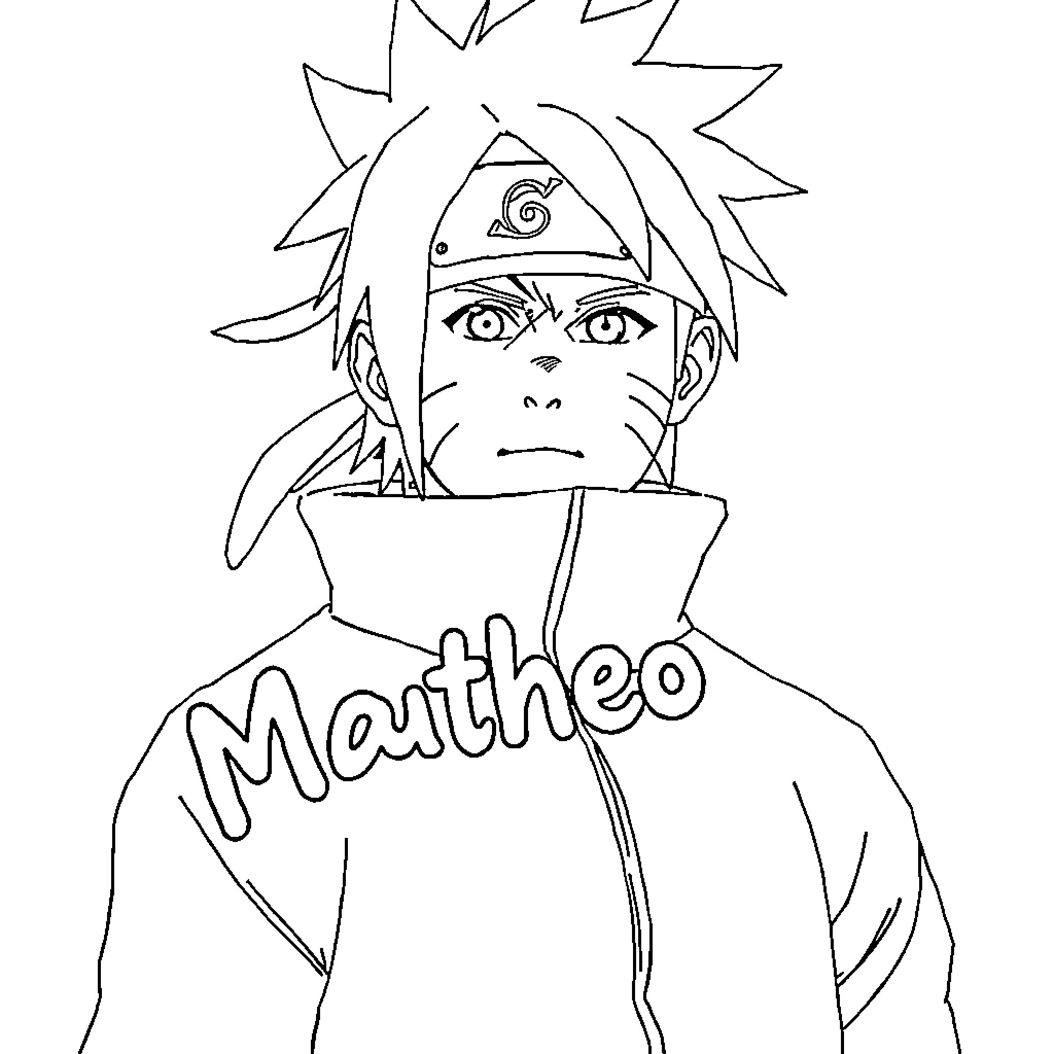 Naruto Character with Ninja Headband and Text Coloring Page (free black-and-white line drawing printable PDF for all, from beginners to advanced learners, including children, teens, adults, and seniors)