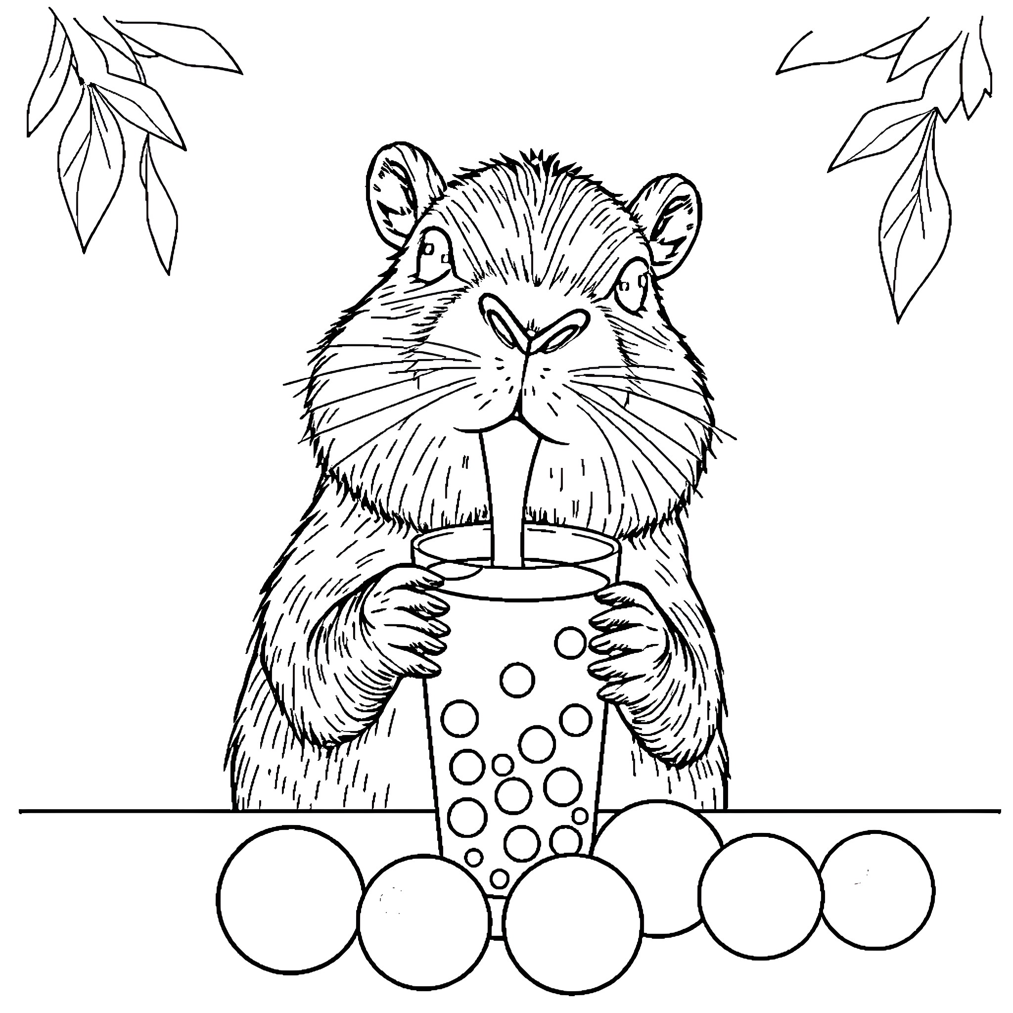 Capybara enjoying a refreshing drink Coloring Page (free black-and-white line drawing printable PDF for all, from beginners to advanced learners, including children, teens, adults, and seniors)