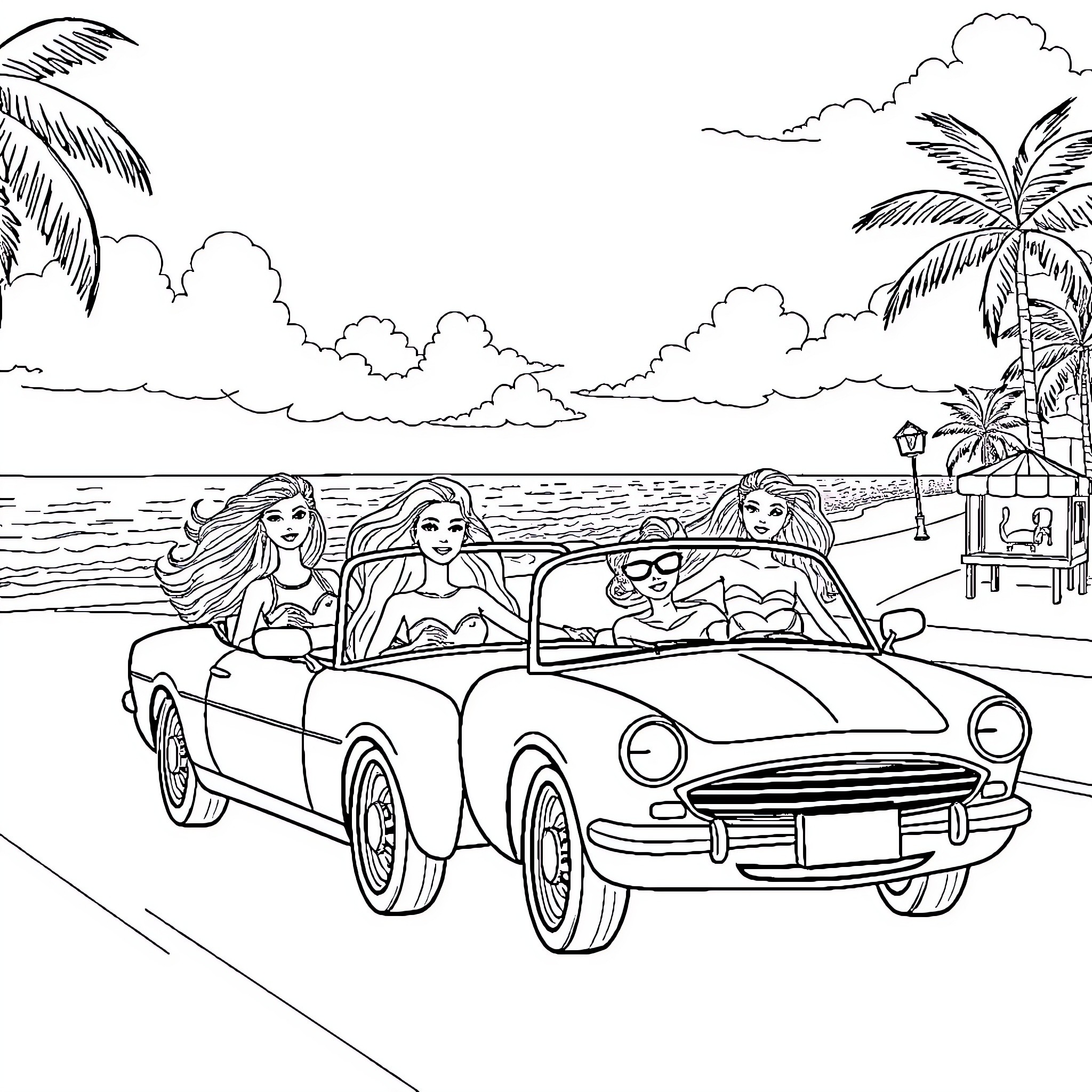 Barbie friends enjoying a beach drive in convertible Coloring Page (free black-and-white line drawing printable PDF for all, from beginners to advanced learners, including children, teens, adults, and seniors)