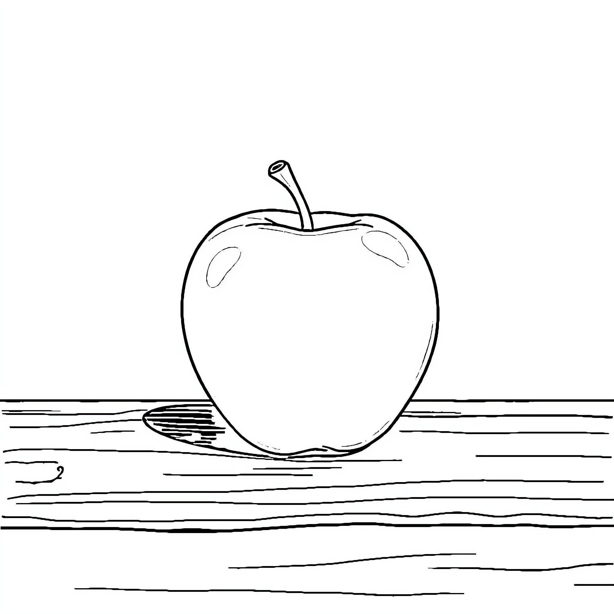 Apple on a Wooden Surface Coloring Page (free black-and-white line drawing printable PDF for all, from beginners to advanced learners, including children, teens, adults, and seniors)