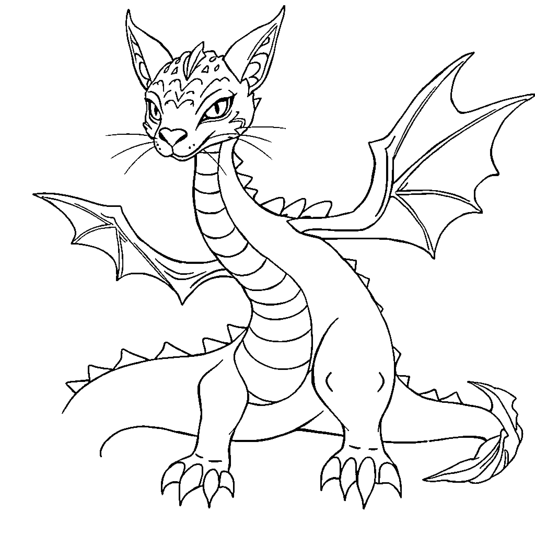 Dragon with Fierce Gaze and Wings Outstretched Coloring Page (free black-and-white line drawing printable PDF for all, from beginners to advanced learners, including children, teens, adults, and seniors)