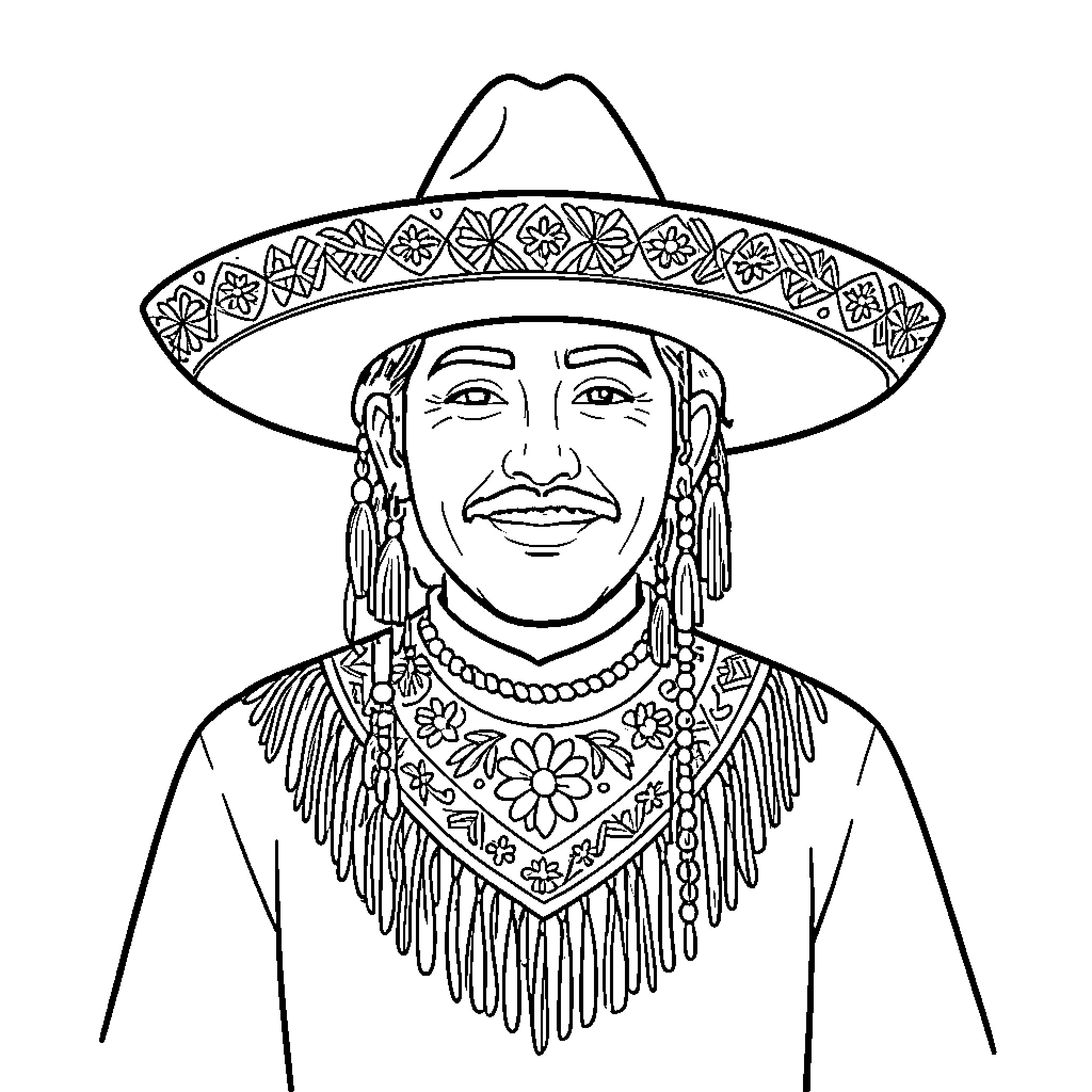 Bannero smiling in traditional patterned attire and large hat Coloring Page (free black-and-white line drawing printable PDF for all, from beginners to advanced learners, including children, teens, adults, and seniors)