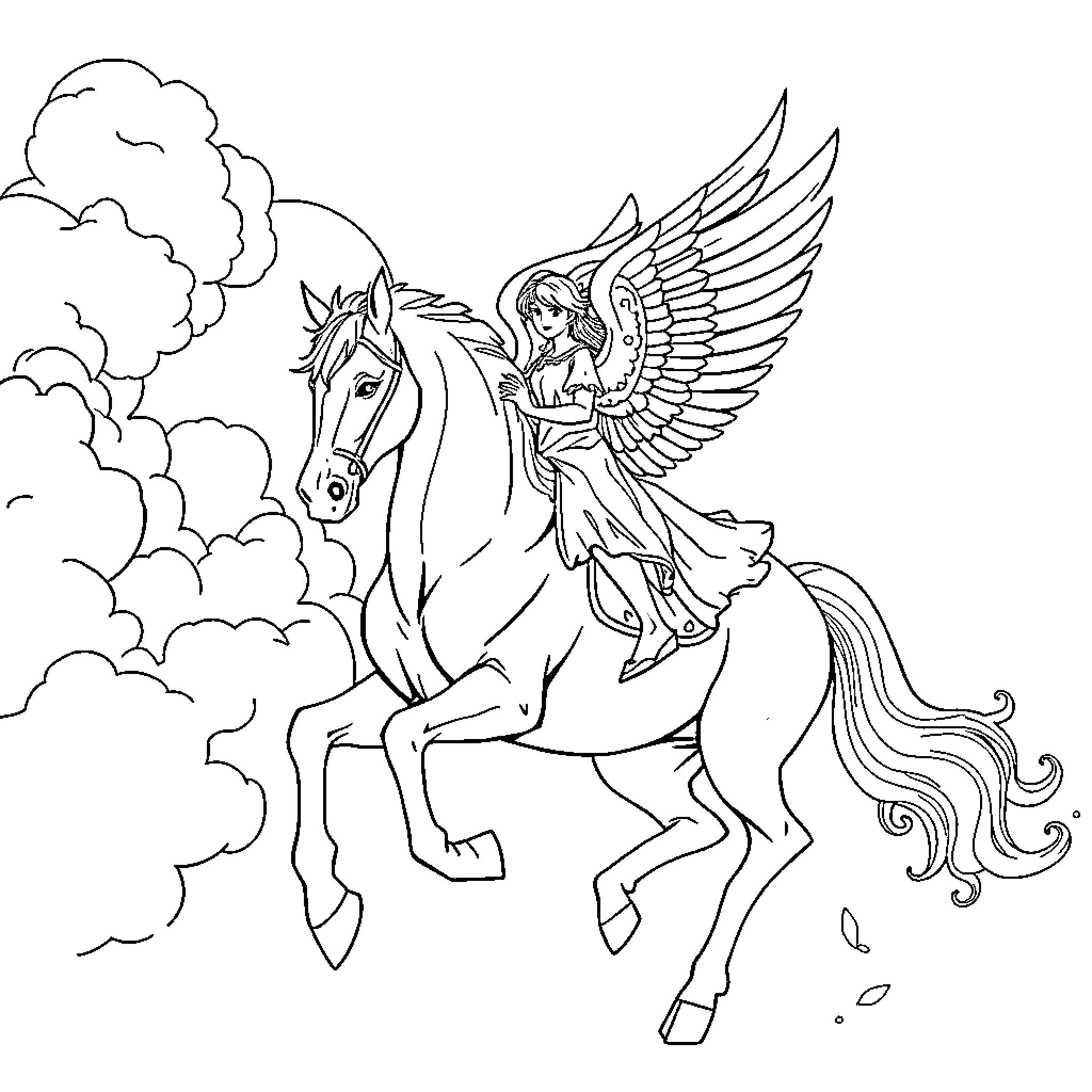 Angel riding a winged horse in the clouds Coloring Page (free black-and-white line drawing printable PDF for all, from beginners to advanced learners, including children, teens, adults, and seniors)