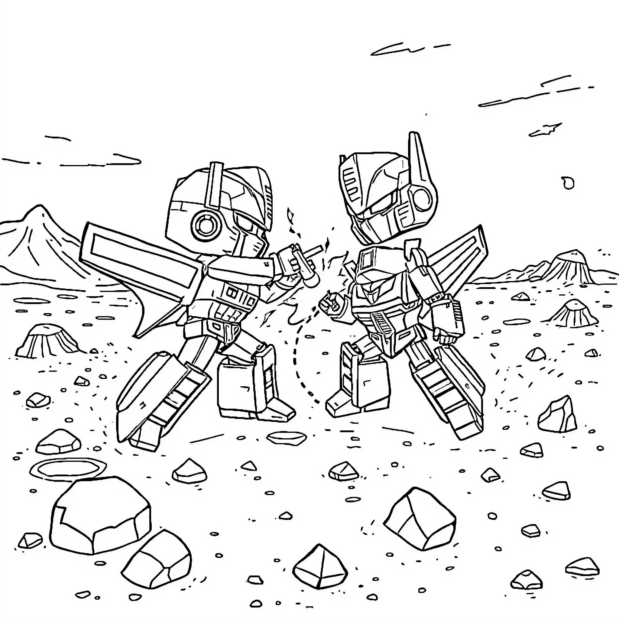 Transformer warriors battling in the alien landscape Coloring Page (free black-and-white line drawing printable PDF for all, from beginners to advanced learners, including children, teens, adults, and seniors)