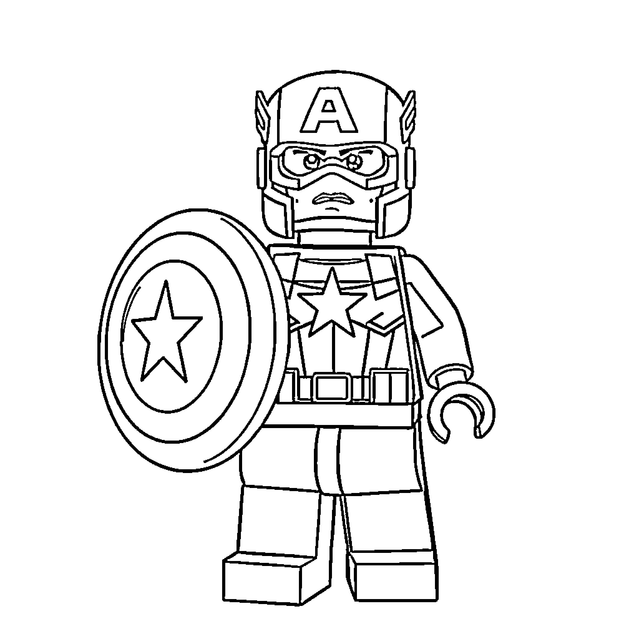 Captain America in action-ready pose with shield Coloring Page (free black-and-white line drawing printable PDF for all, from beginners to advanced learners, including children, teens, adults, and seniors)