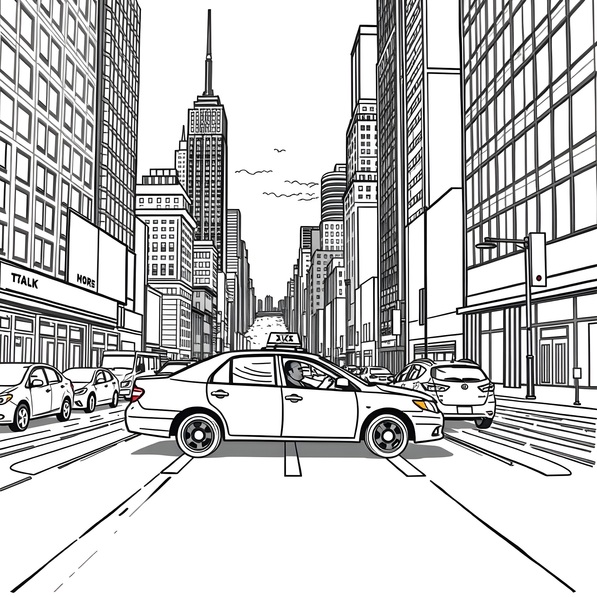 Taxi Rides Through the Bustling City Streets Coloring Page (free black-and-white line drawing printable PDF for all, from beginners to advanced learners, including children, teens, adults, and seniors)