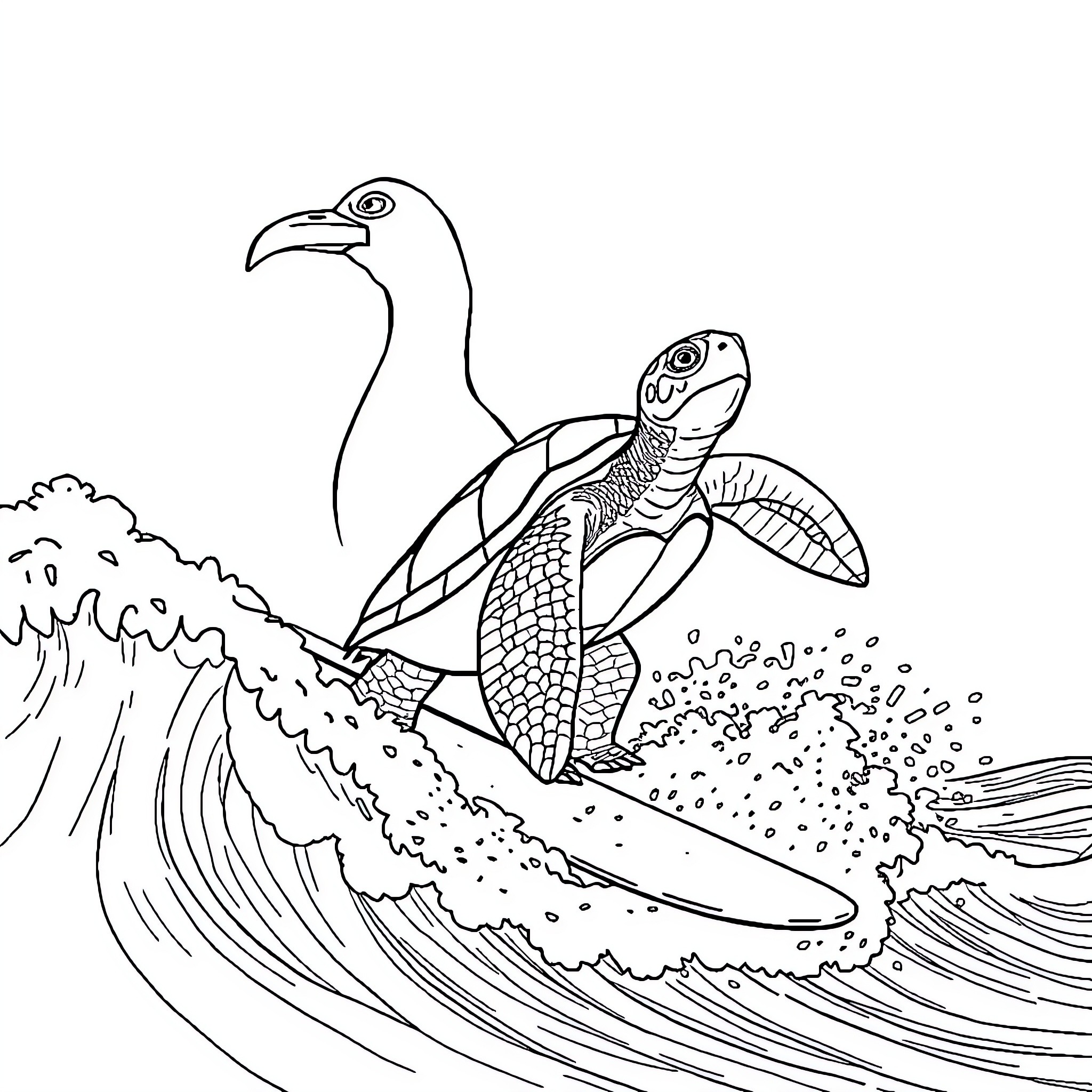 Turtle surfing in the ocean waves Coloring Page (free black-and-white line drawing printable PDF for all, from beginners to advanced learners, including children, teens, adults, and seniors)