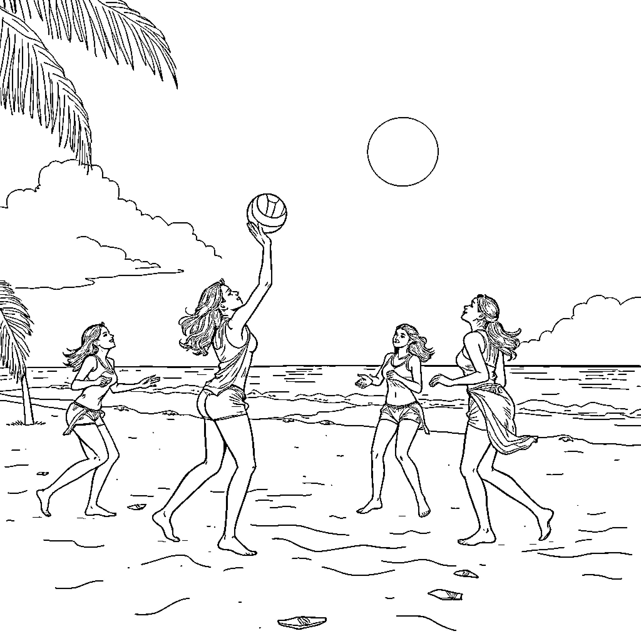 Lady friends enjoying beach volleyball on a sunny day Coloring Page (free black-and-white line drawing printable PDF for all, from beginners to advanced learners, including children, teens, adults, and seniors)