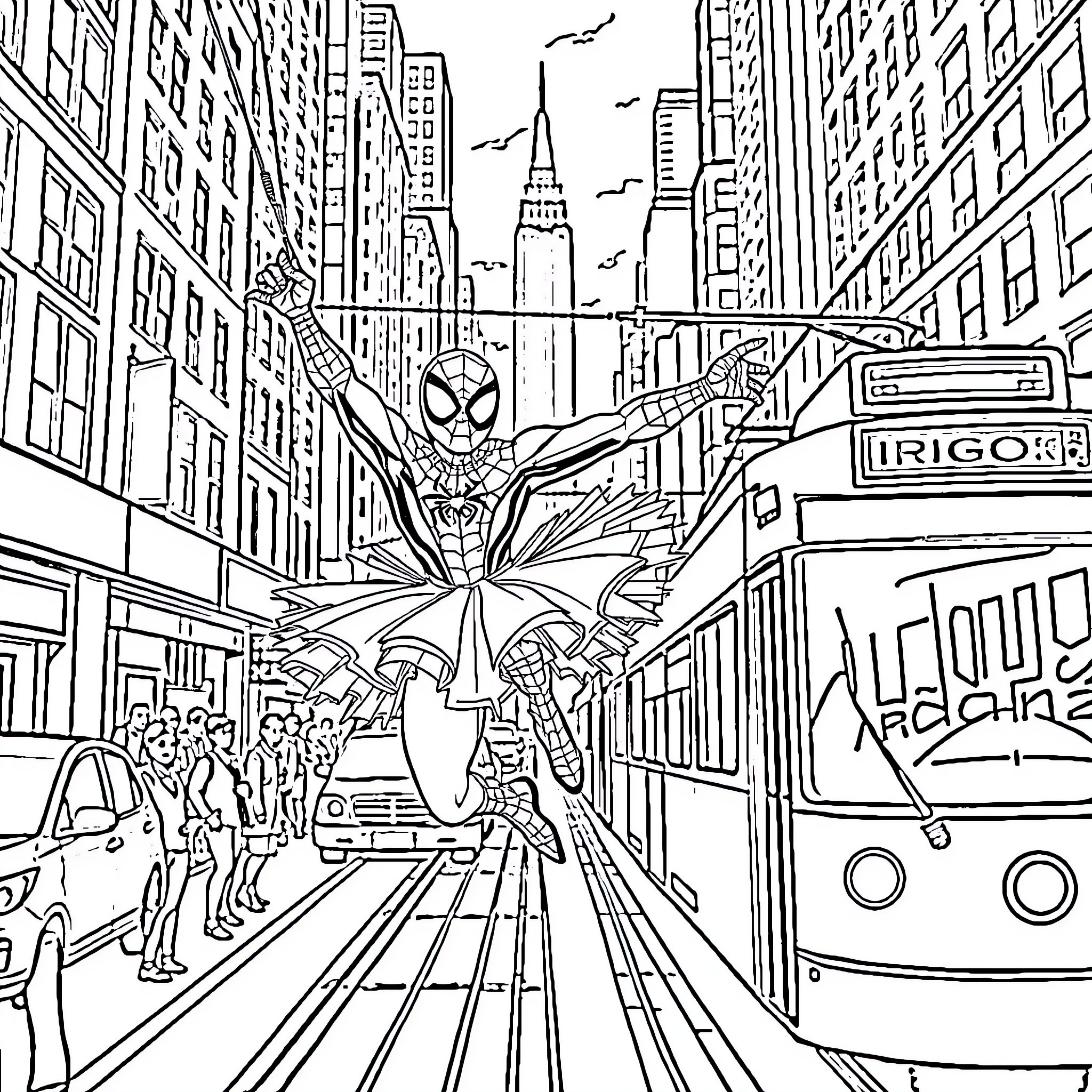 Spiderman swinging through the bustling city streets Coloring Page (free black-and-white line drawing printable PDF for all, from beginners to advanced learners, including children, teens, adults, and seniors)