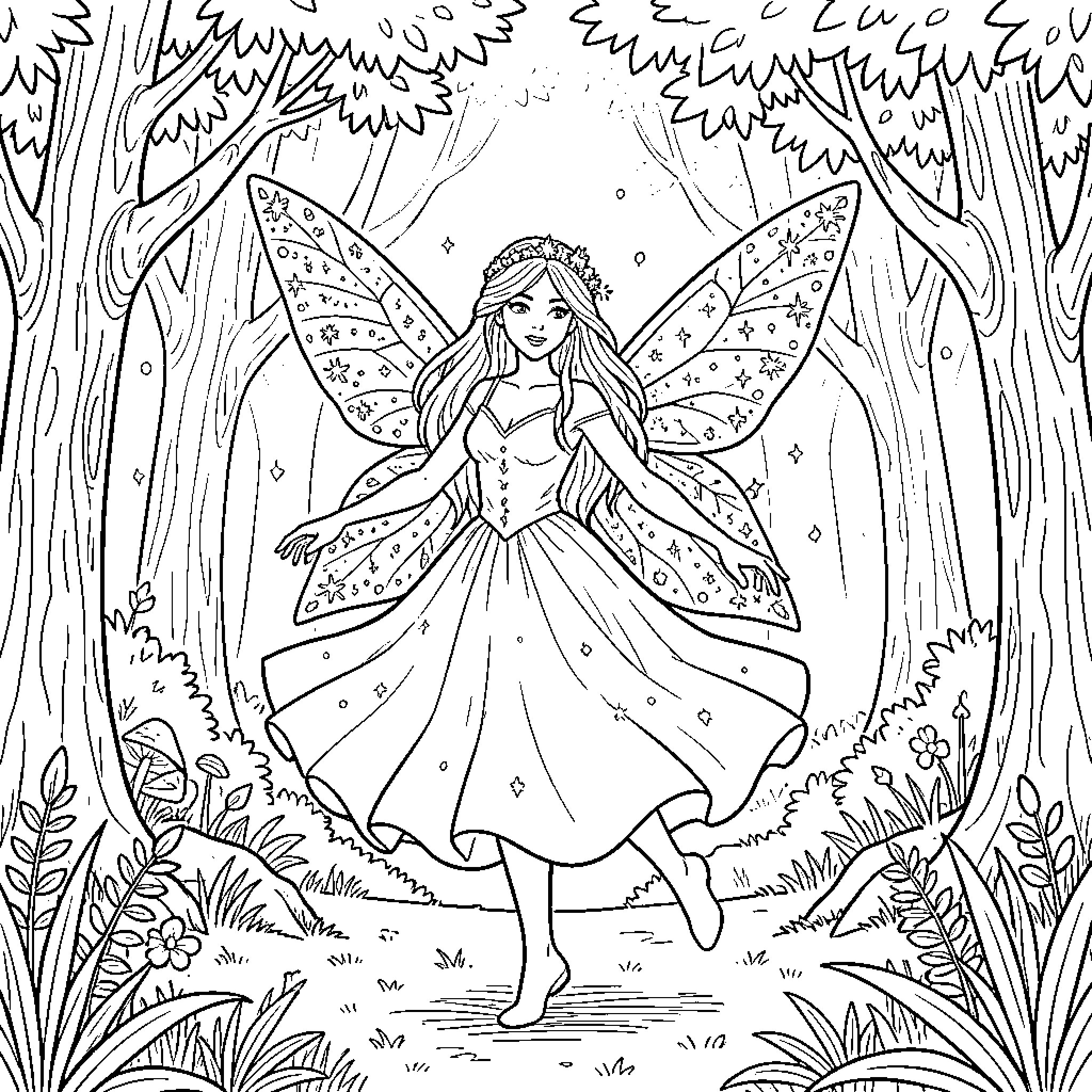 Fairy in a magical forest Coloring Page (free black-and-white line drawing printable PDF for all, from beginners to advanced learners, including children, teens, adults, and seniors)