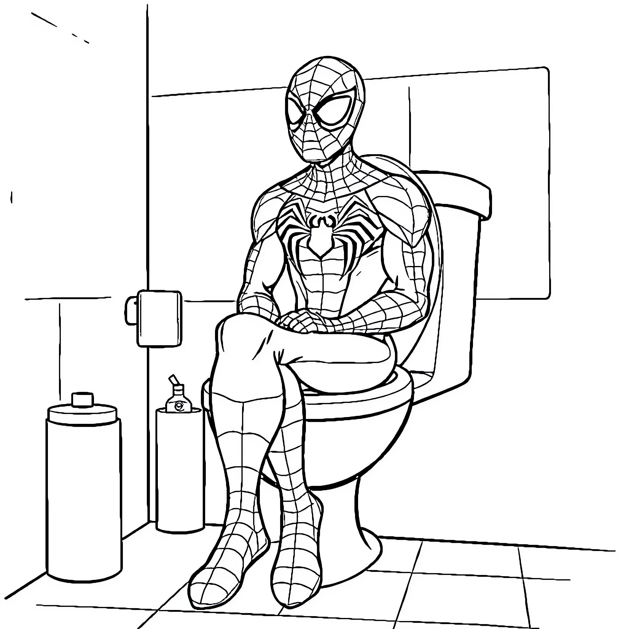 Spiderman sitting on toilet in bathroom Coloring Page (free black-and-white line drawing printable PDF for all, from beginners to advanced learners, including children, teens, adults, and seniors)