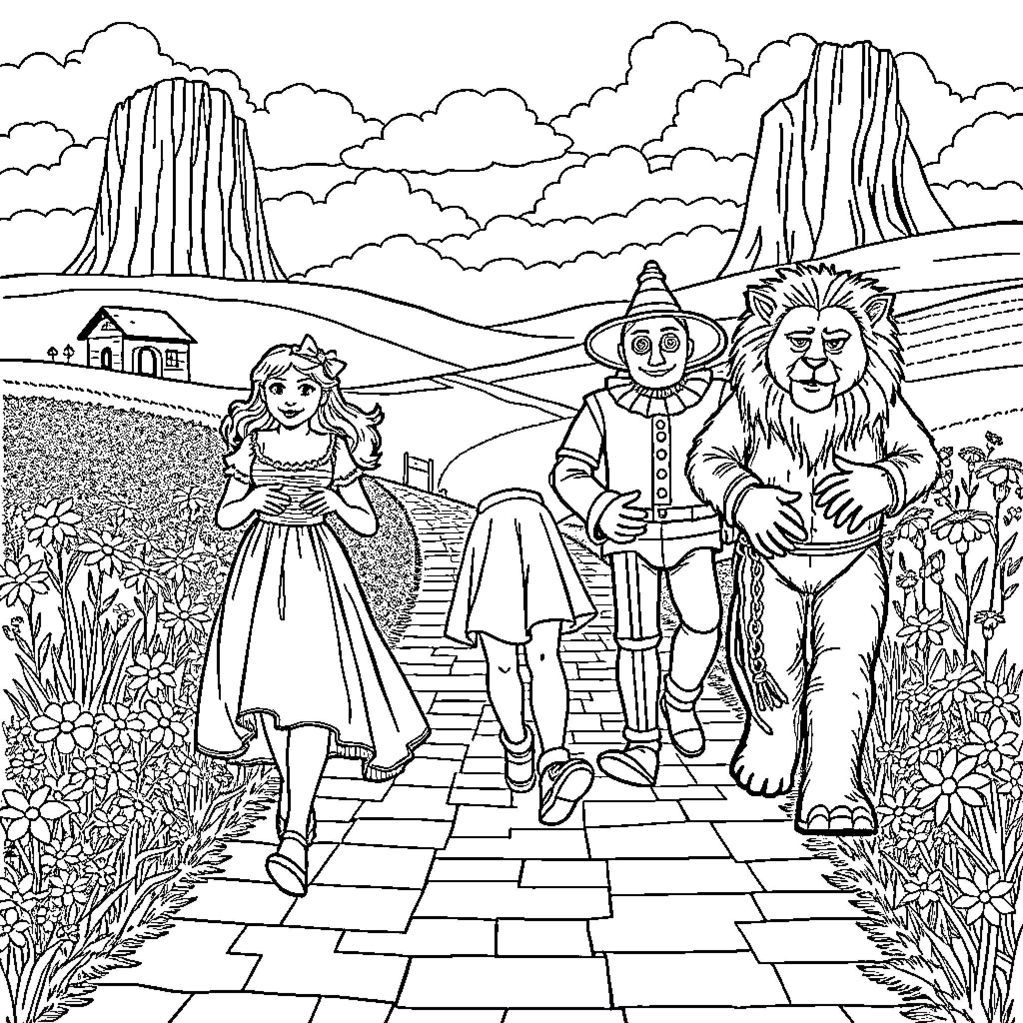 Wizard and friends on a magical journey Coloring Page (free black-and-white line drawing printable PDF for all, from beginners to advanced learners, including children, teens, adults, and seniors)