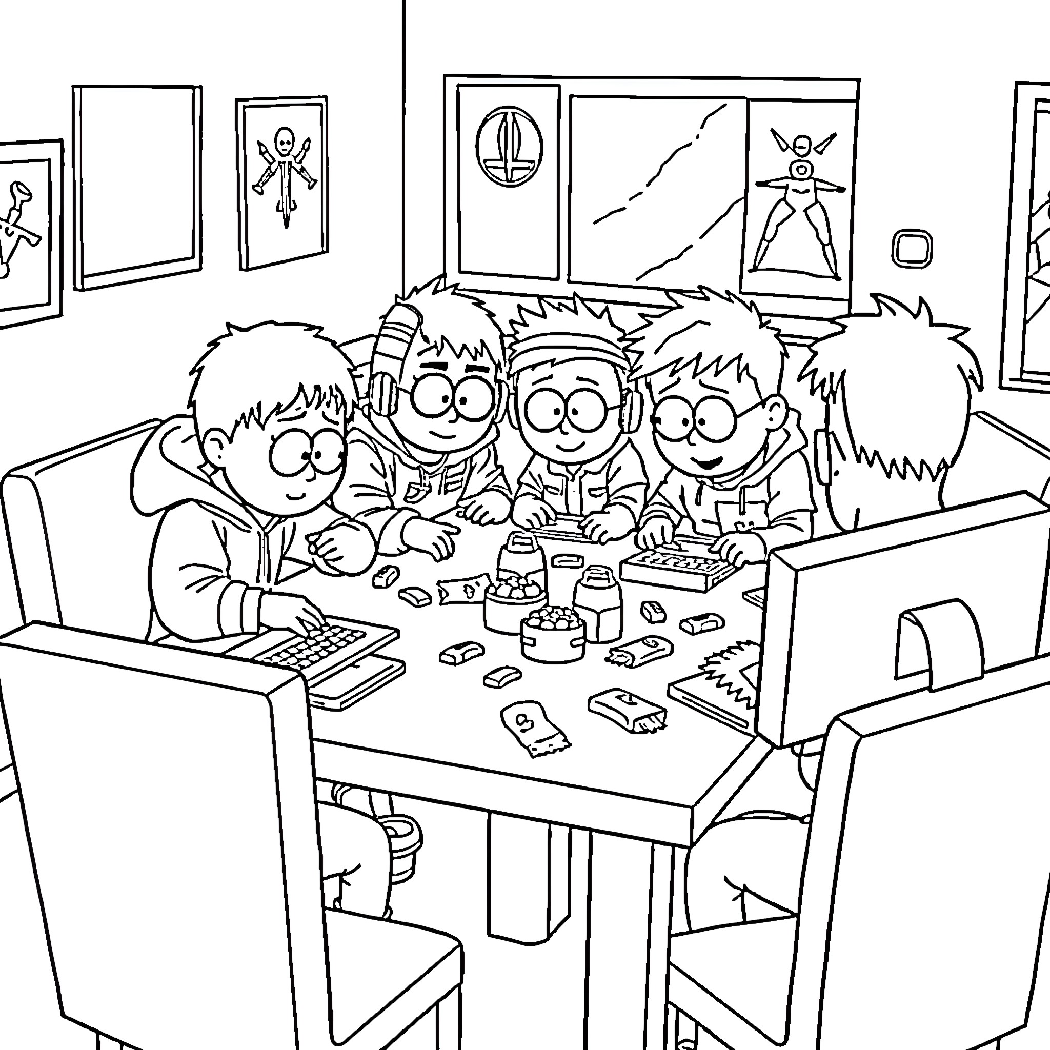 Boys Gaming Together in Their Room Coloring Page (free black-and-white line drawing printable PDF for all, from beginners to advanced learners, including children, teens, adults, and seniors)