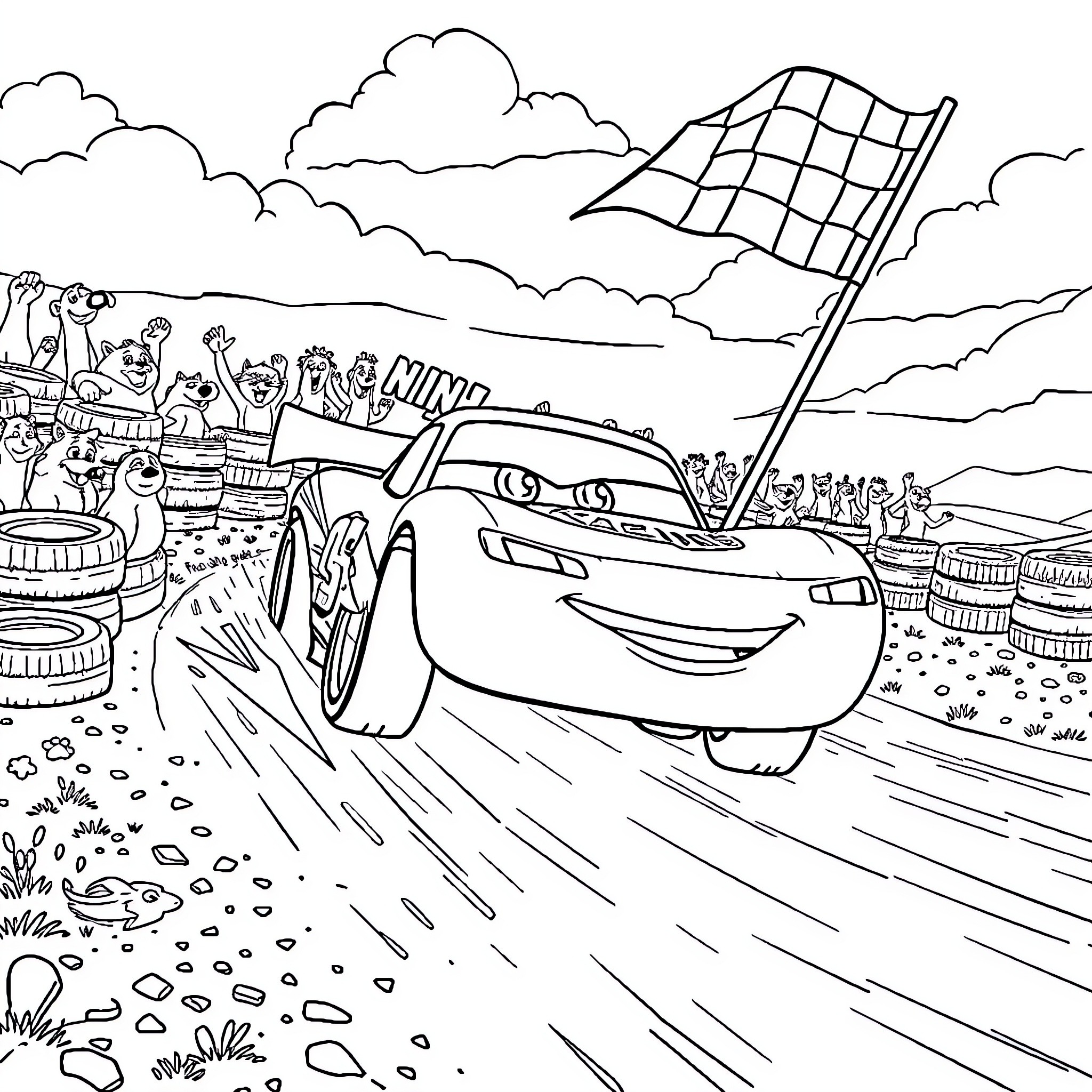 Sports Car Racing through Countryside with Cheering Crowd Coloring Page (free black-and-white line drawing printable PDF for all, from beginners to advanced learners, including children, teens, adults, and seniors)