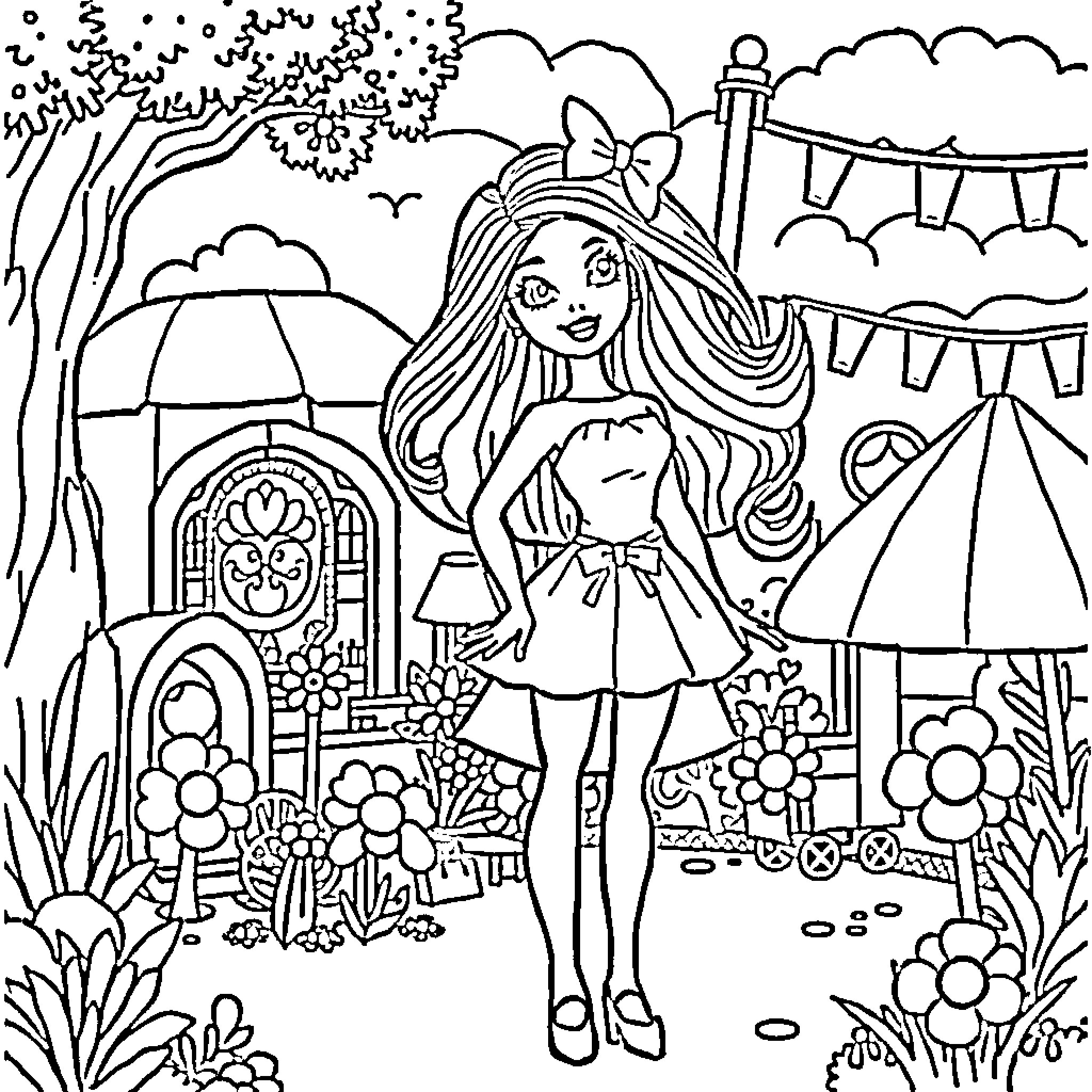 Barbie enjoying a sunny day at the carnival Coloring Page (free black-and-white line drawing printable PDF for all, from beginners to advanced learners, including children, teens, adults, and seniors)