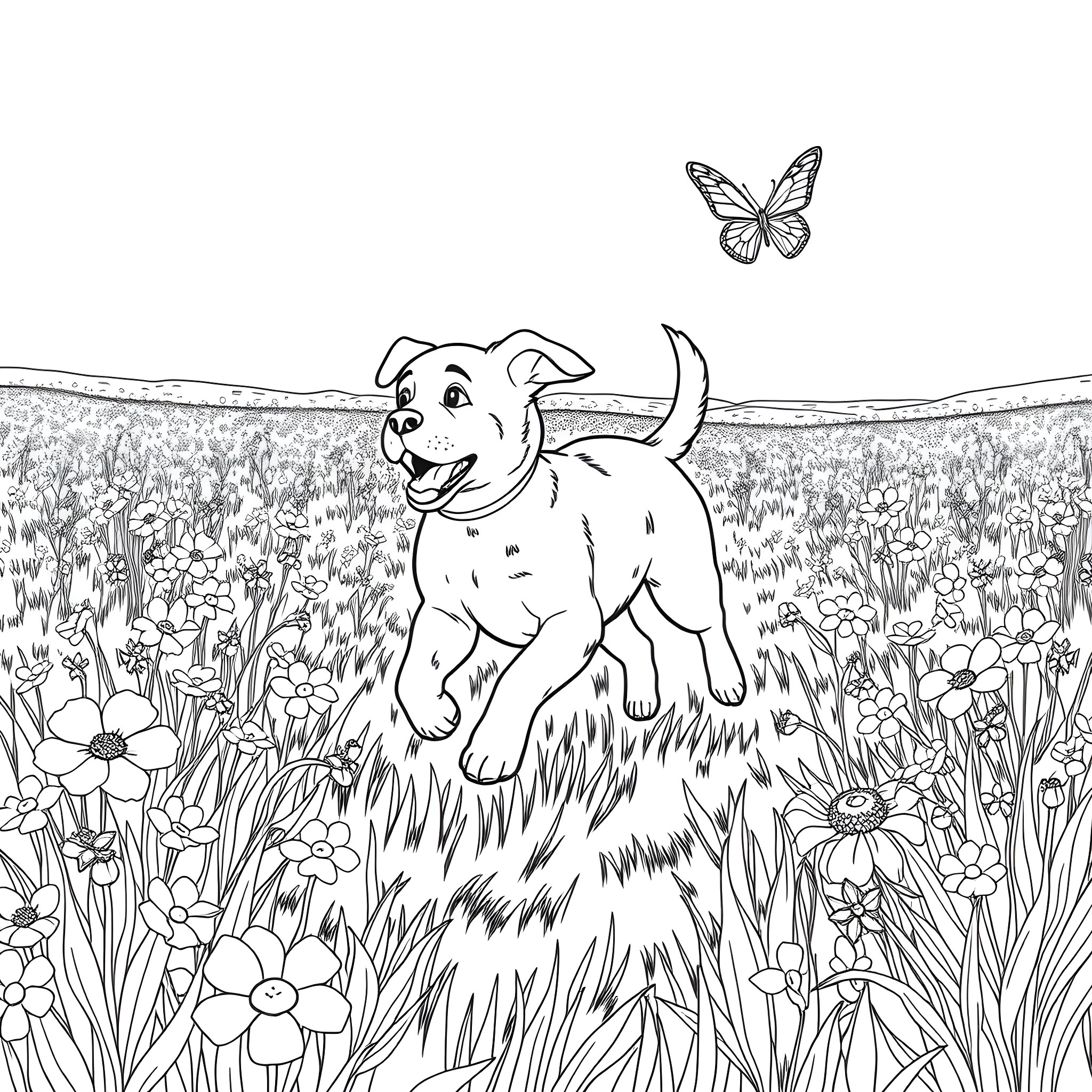 Dog playing happily in a flower-filled meadow Coloring Page (free black-and-white line drawing printable PDF for all, from beginners to advanced learners, including children, teens, adults, and seniors)