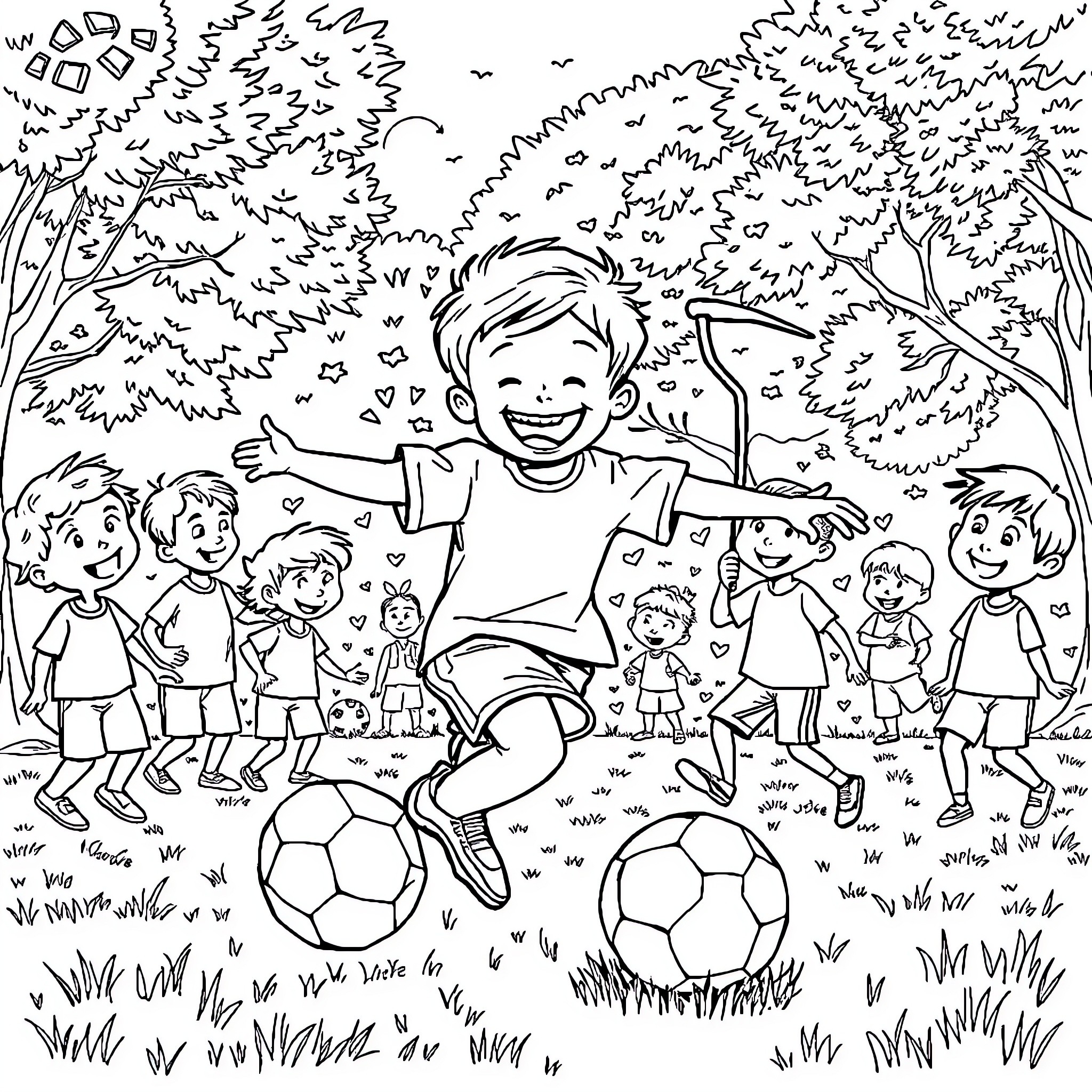 Child playing soccer with friends in the park Coloring Page (free black-and-white line drawing printable PDF for all, from beginners to advanced learners, including children, teens, adults, and seniors)
