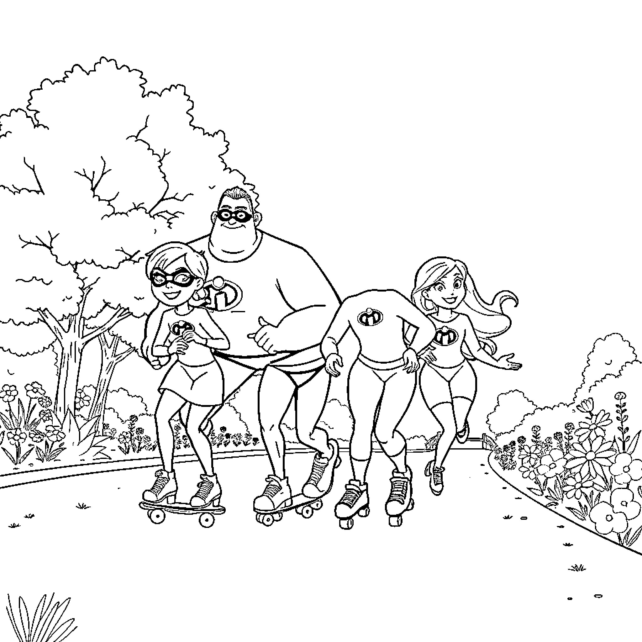 Incredibles Family Enjoying Outdoor Adventure Coloring Page (free black-and-white line drawing printable PDF for all, from beginners to advanced learners, including children, teens, adults, and seniors)