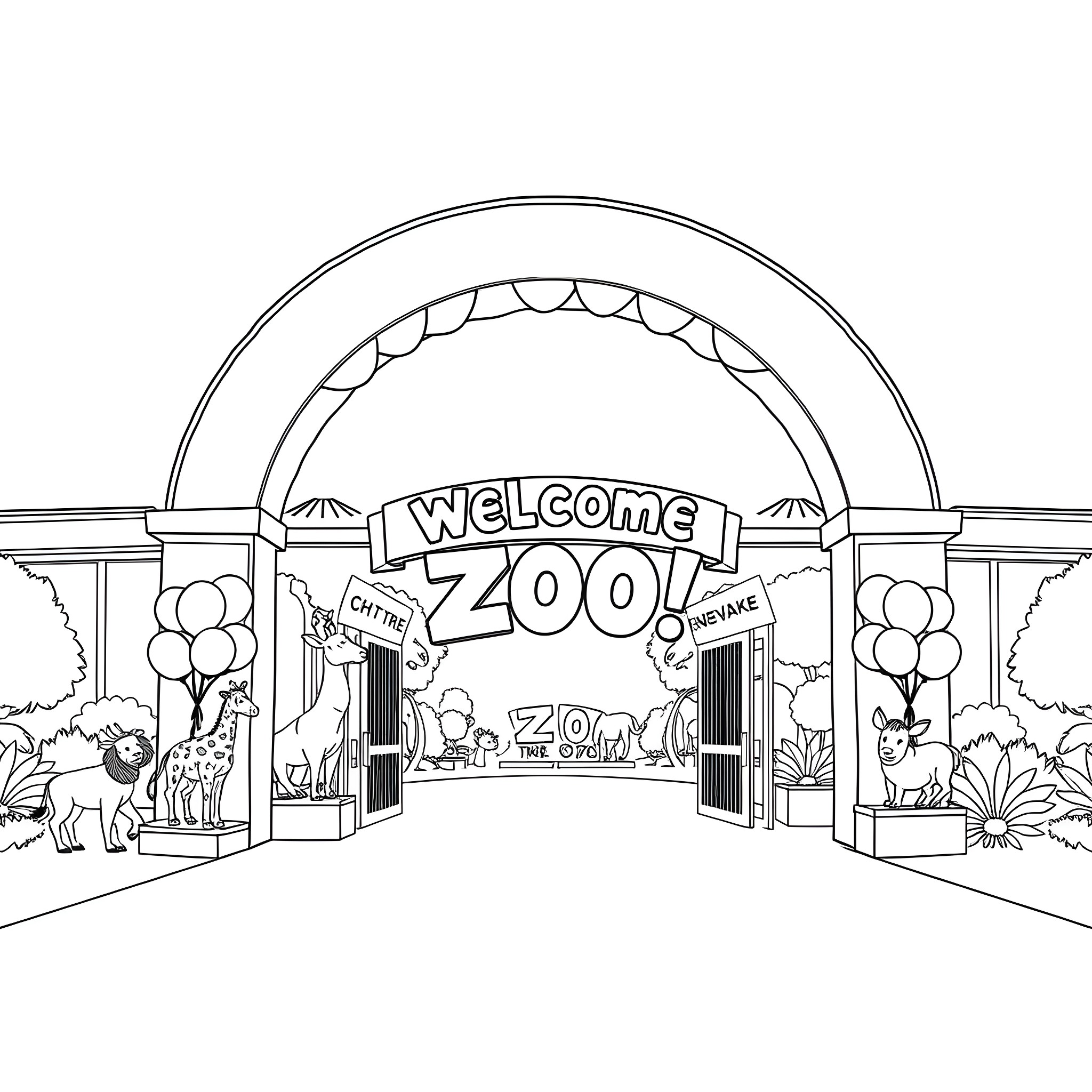 Zoo Entrance with Welcoming Arch and Animals Coloring Page (free black-and-white line drawing printable PDF for all, from beginners to advanced learners, including children, teens, adults, and seniors)