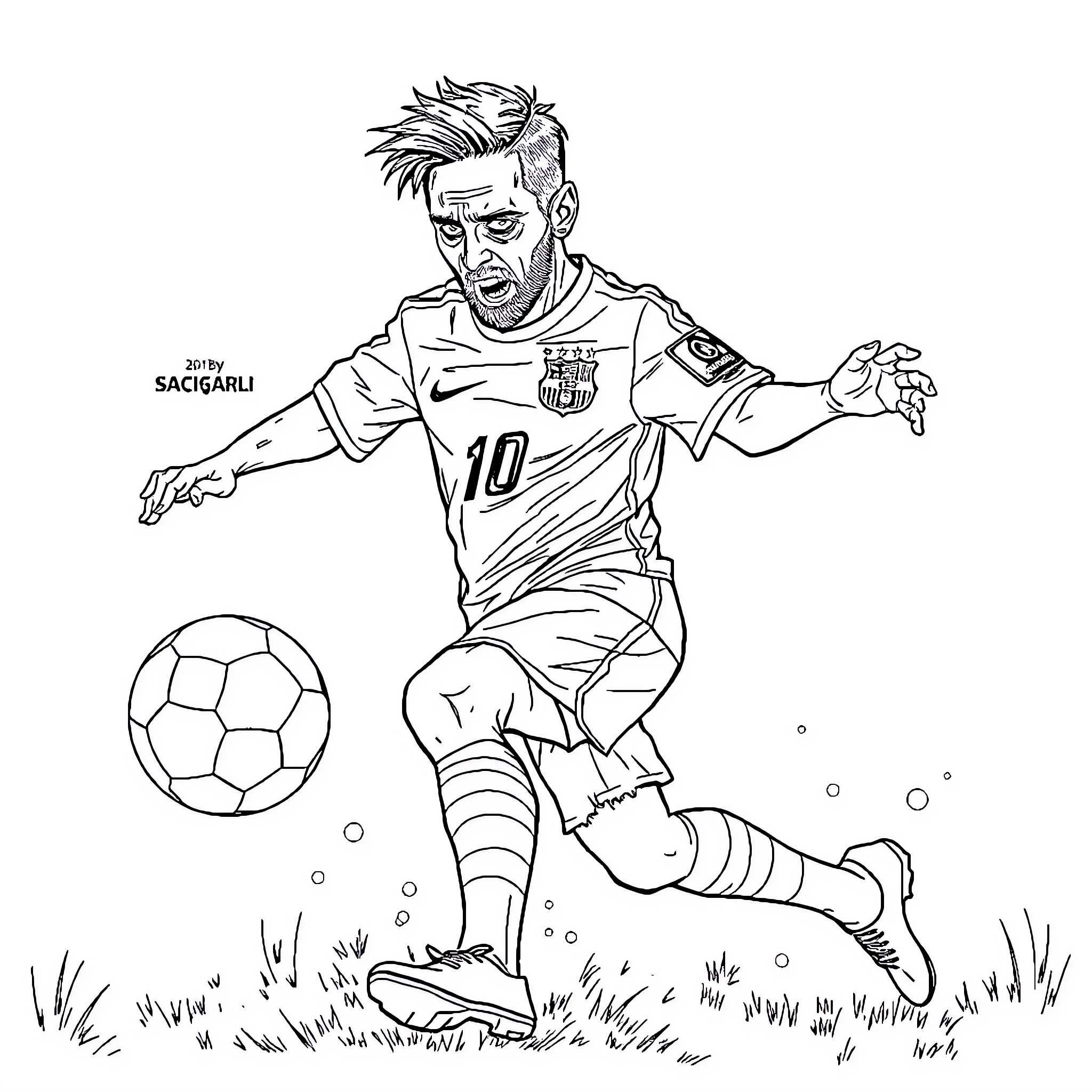 Zombie soccer player in action on the field Coloring Page (free black-and-white line drawing printable PDF for all, from beginners to advanced learners, including children, teens, adults, and seniors)
