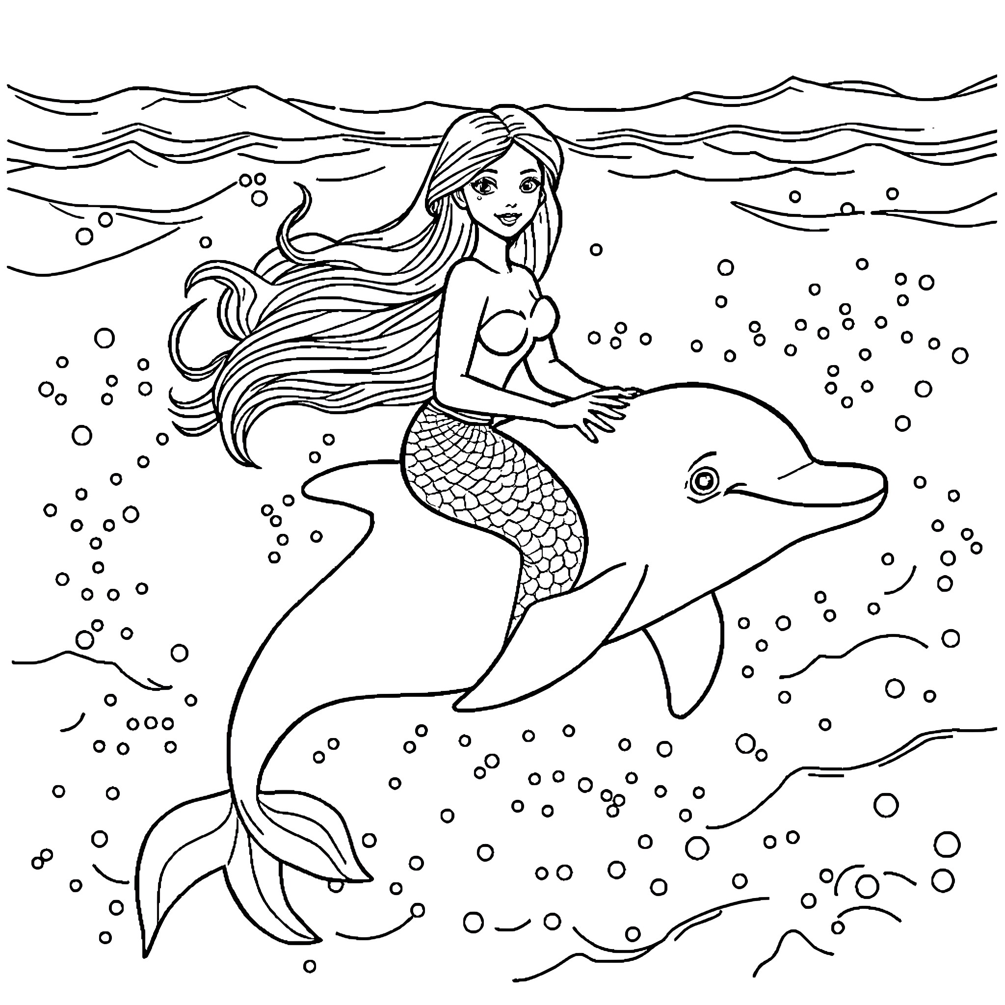 Mermaid riding a friendly dolphin in the sea Coloring Page (free black-and-white line drawing printable PDF for all, from beginners to advanced learners, including children, teens, adults, and seniors)
