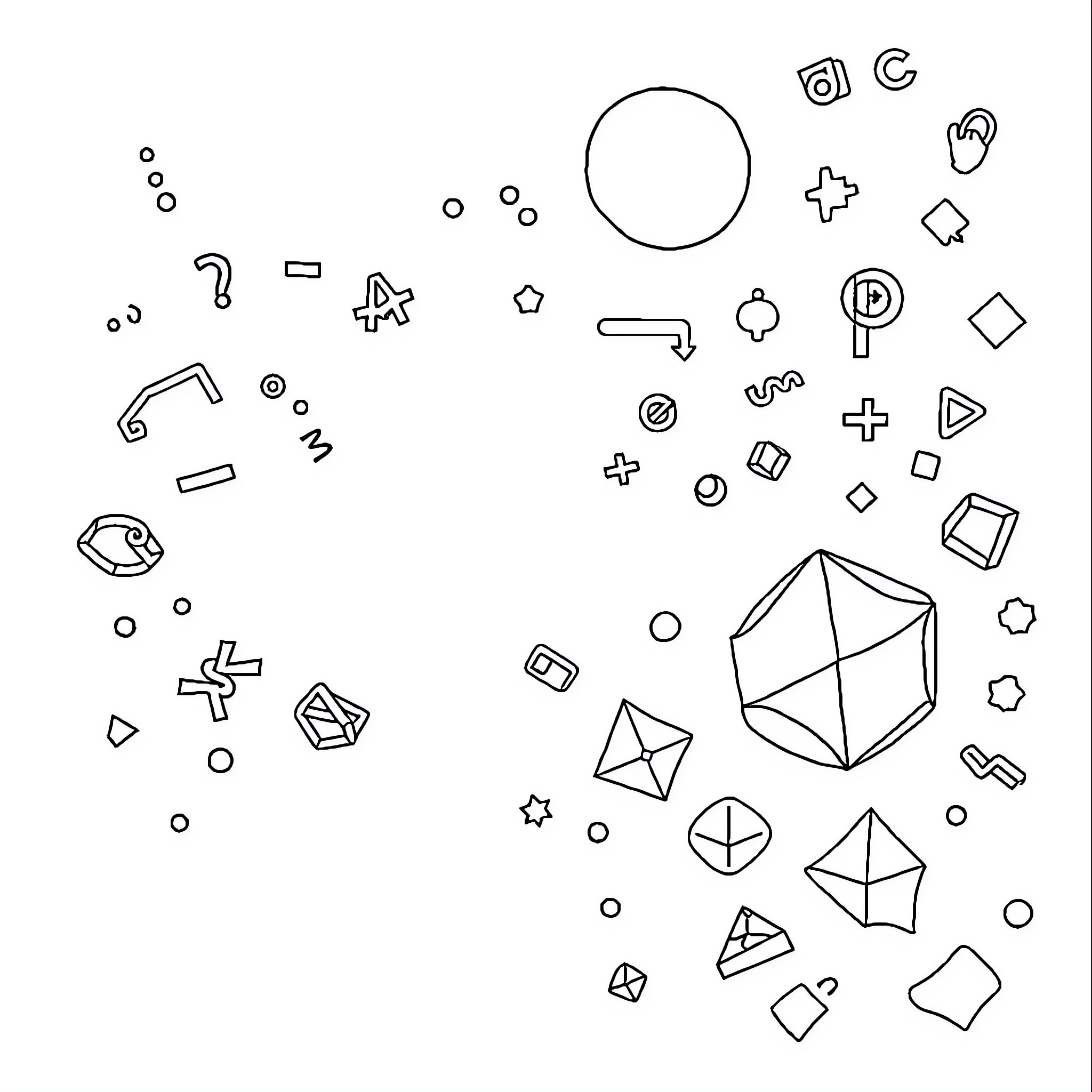 Math Notebook Filled with Geometric Shapes and Symbols Coloring Page (free black-and-white line drawing printable PDF for all, from beginners to advanced learners, including children, teens, adults, and seniors)