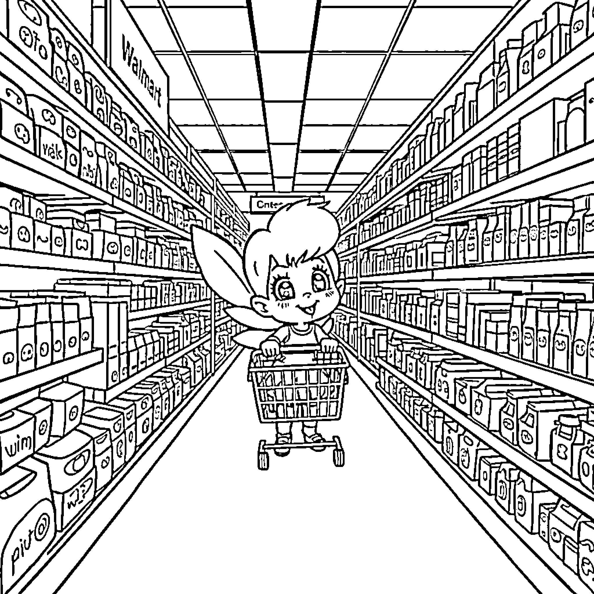 Sprite shopping happily in the grocery store Coloring Page (free black-and-white line drawing printable PDF for all, from beginners to advanced learners, including children, teens, adults, and seniors)