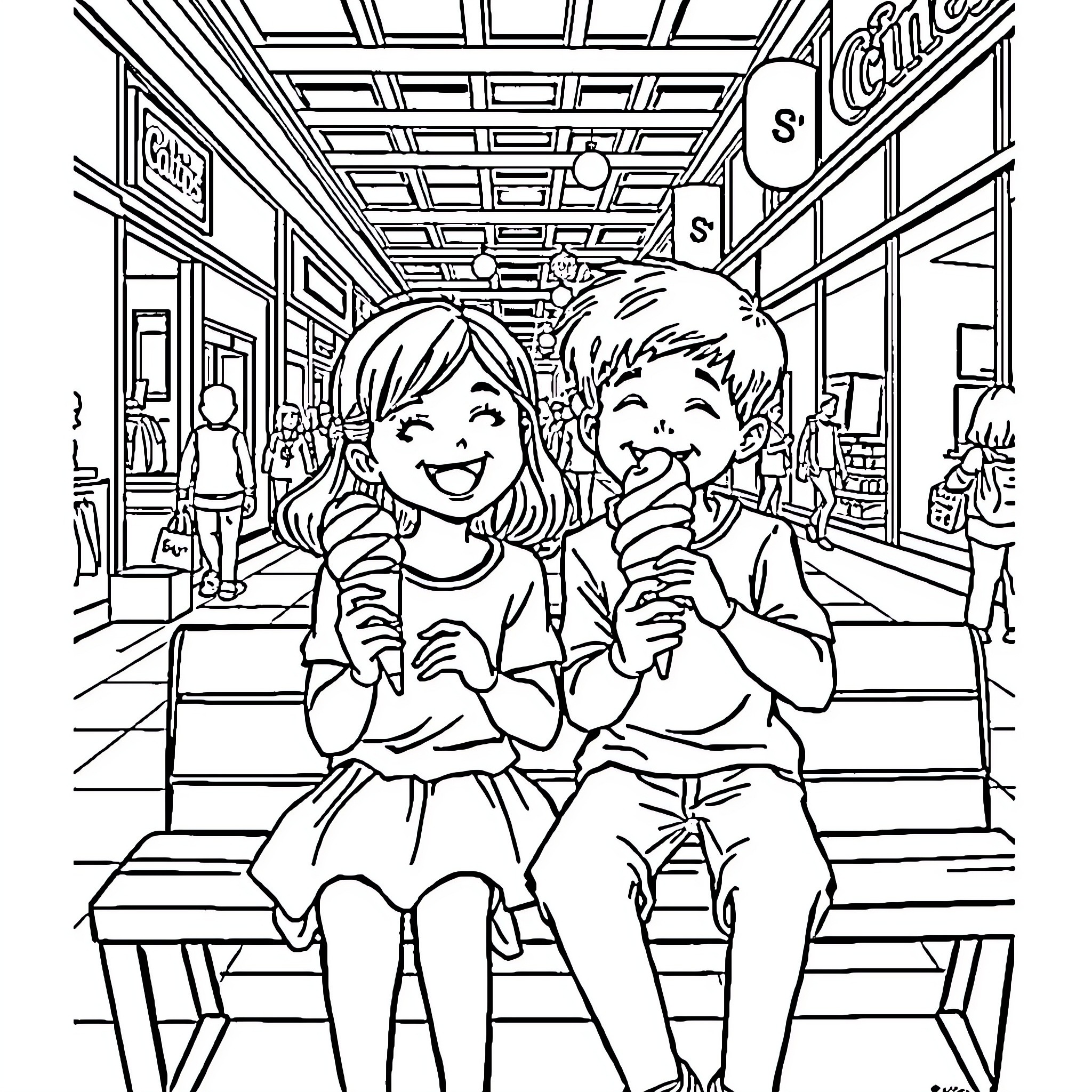 Girl and Boy Enjoying Ice Cream in Cafe Coloring Page (free black-and-white line drawing printable PDF for all, from beginners to advanced learners, including children, teens, adults, and seniors)