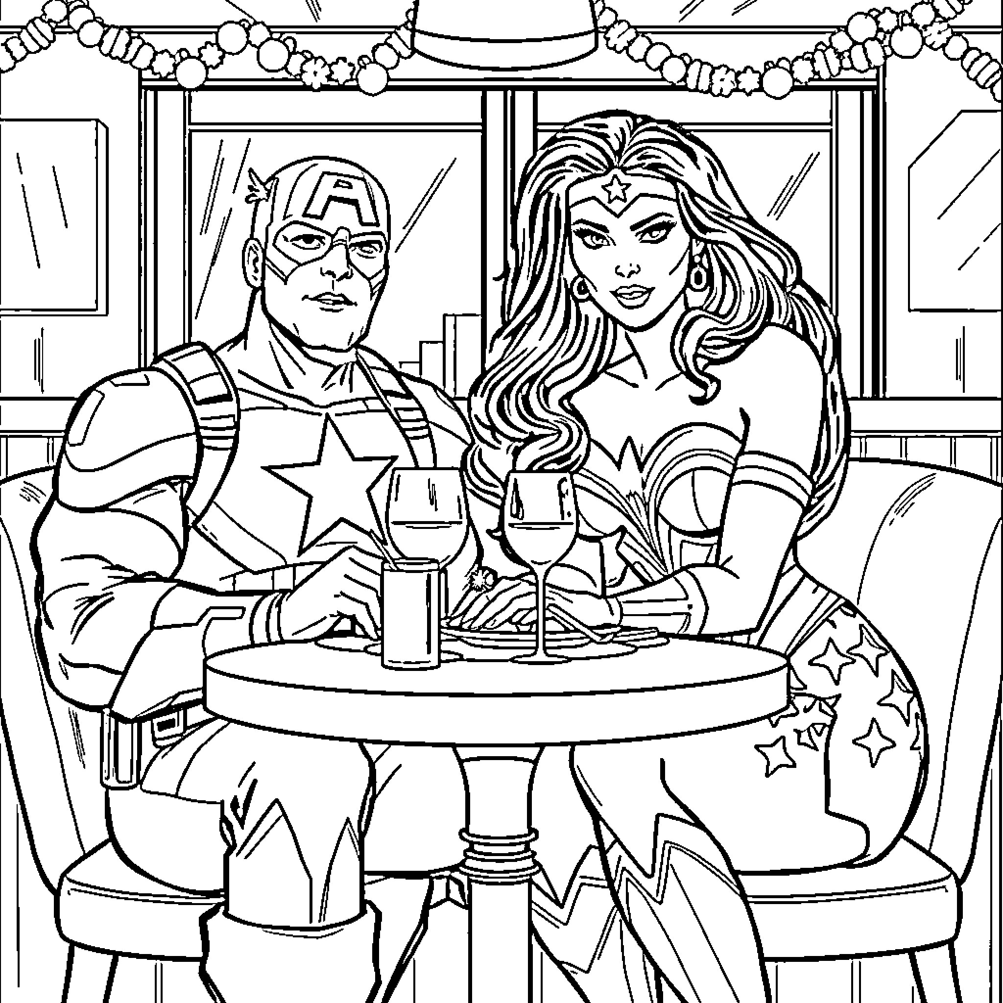 Captain America and Wonder Woman Enjoying Drinks Coloring Page (free black-and-white line drawing printable PDF for all, from beginners to advanced learners, including children, teens, adults, and seniors)