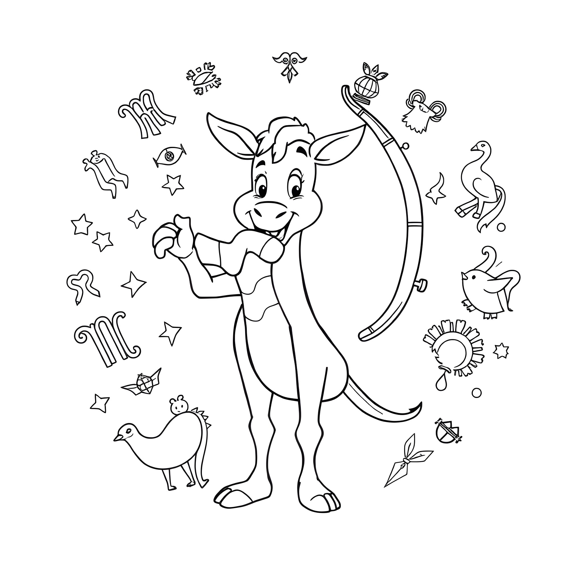 Sagittarius Archer Rabbit with Whimsical Symbols Coloring Page (free black-and-white line drawing printable PDF for all, from beginners to advanced learners, including children, teens, adults, and seniors)