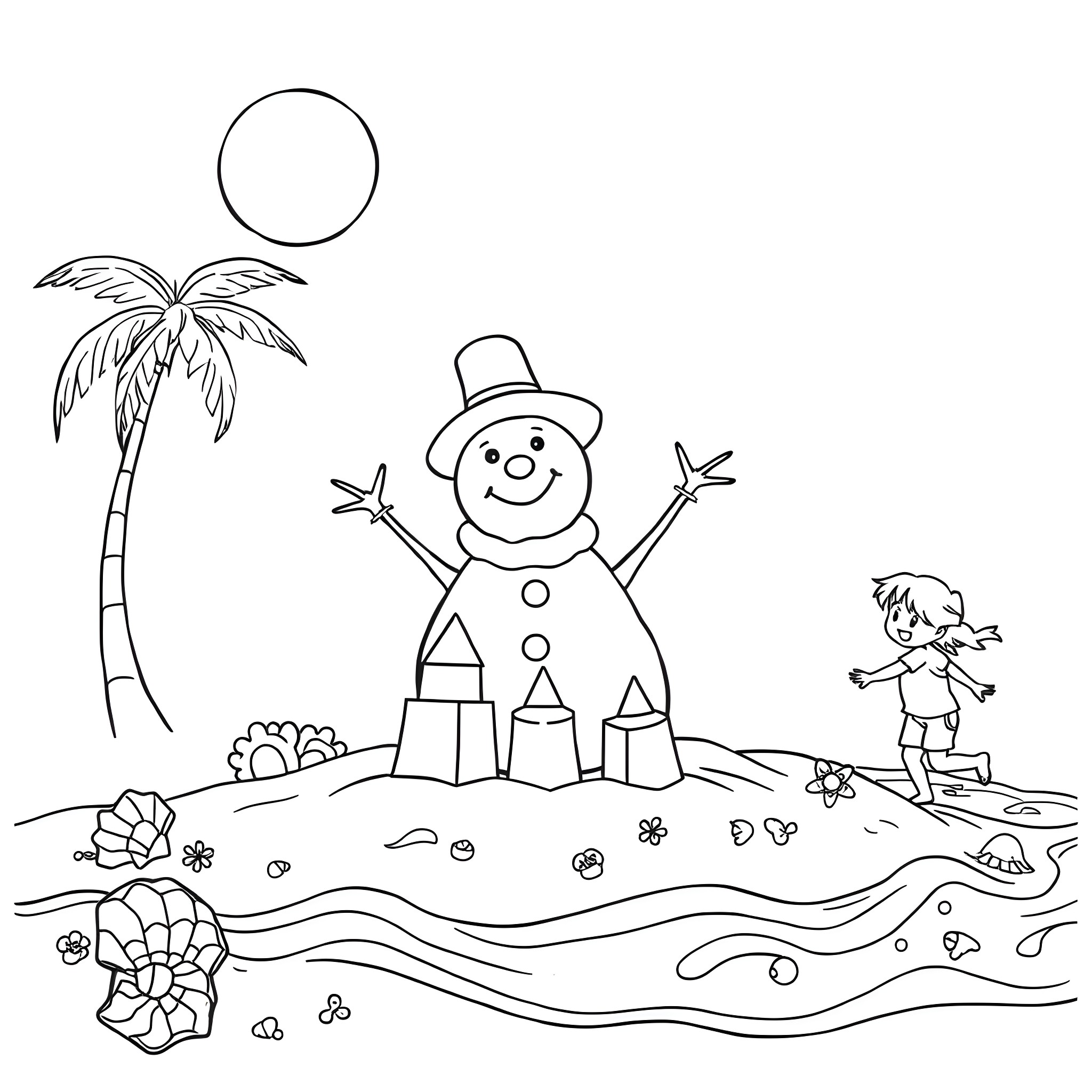 Snowman playing with child on the beach Coloring Page (free black-and-white line drawing printable PDF for all, from beginners to advanced learners, including children, teens, adults, and seniors)