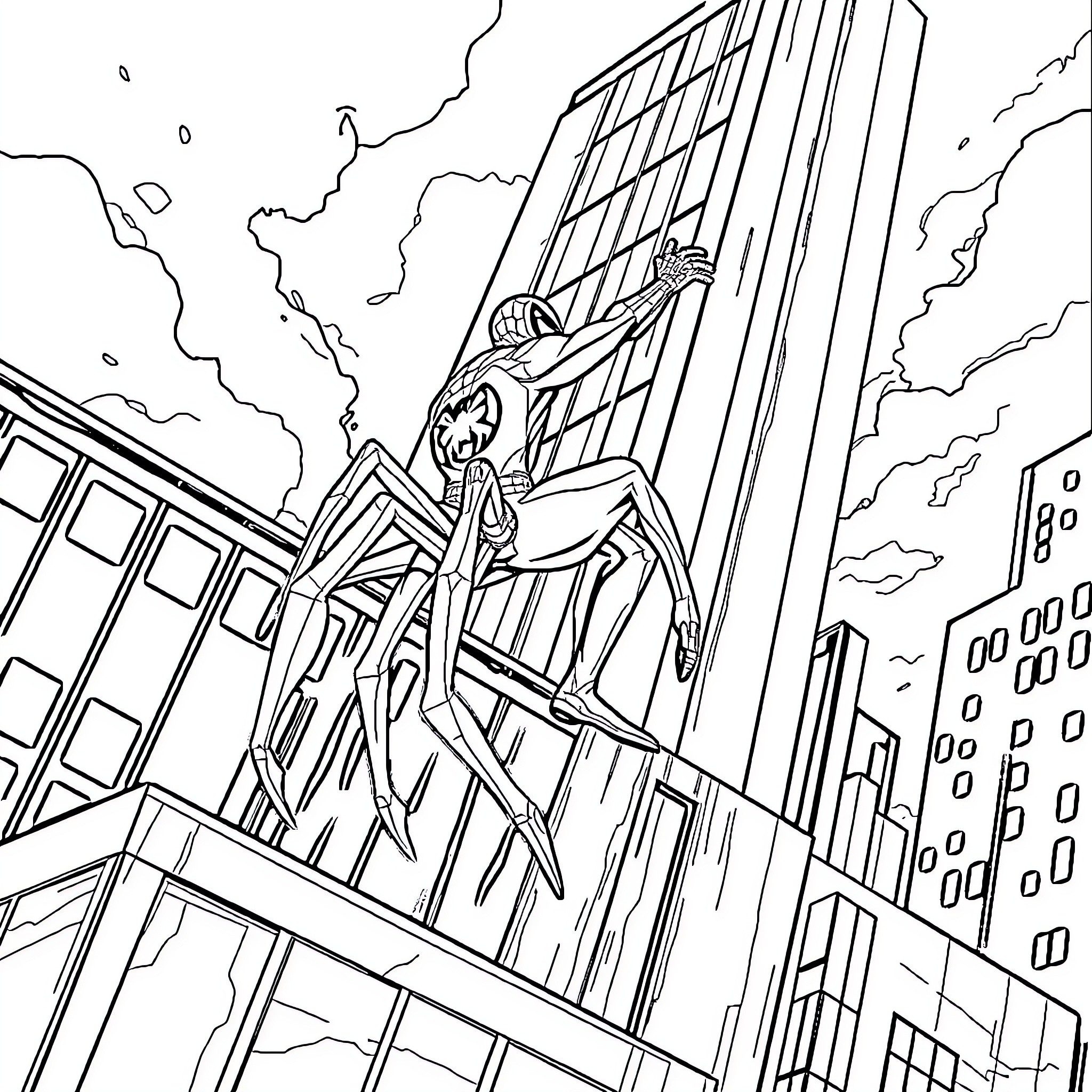 Spider-Man swinging through the city skyline Coloring Page (free black-and-white line drawing printable PDF for all, from beginners to advanced learners, including children, teens, adults, and seniors)