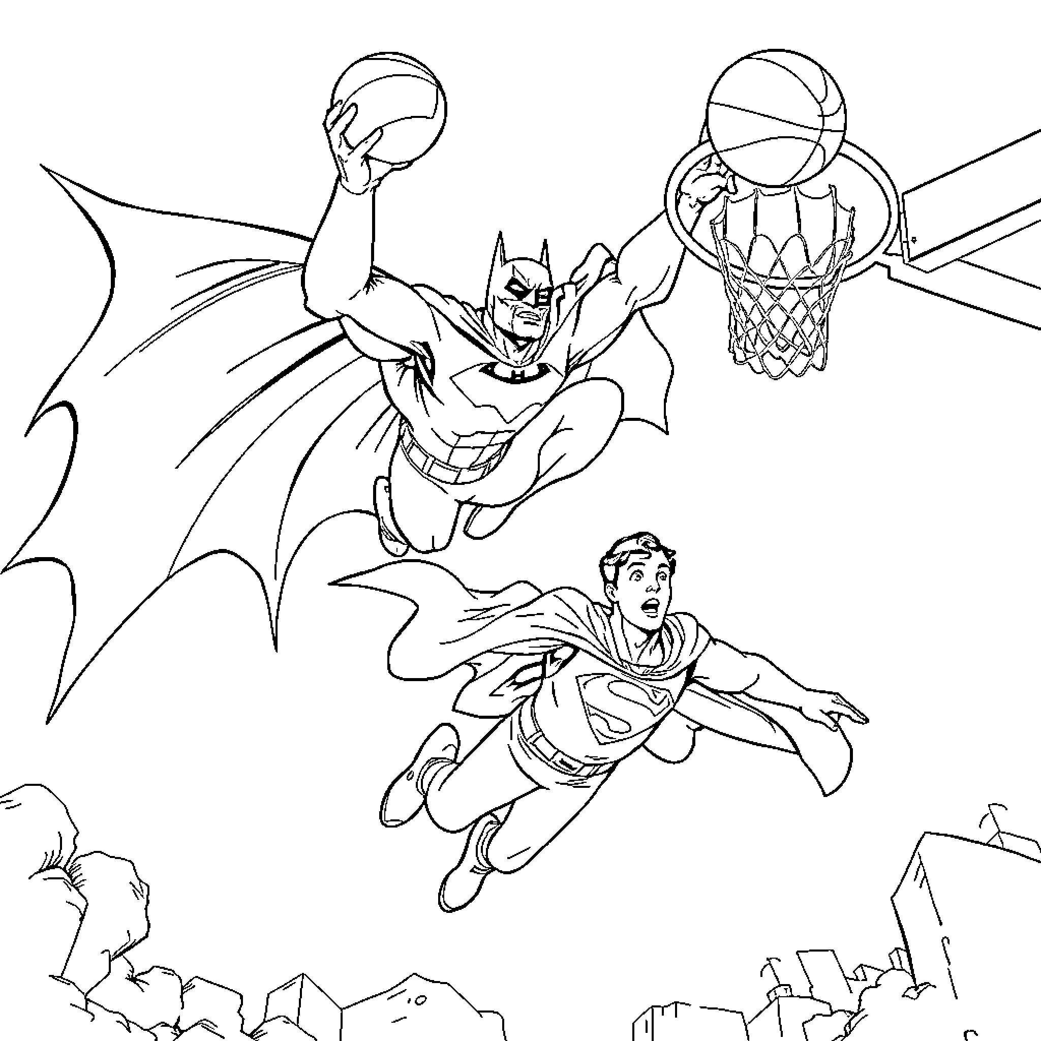 Batman and Superman compete in a high-flying basketball game Coloring Page (free black-and-white line drawing printable PDF for all, from beginners to advanced learners, including children, teens, adults, and seniors)