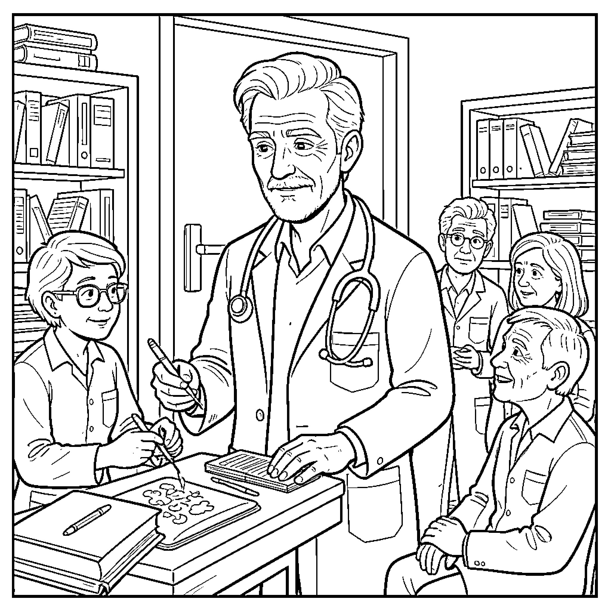 Nathan observing a doctor assisting patients in a clinic Coloring Page (free black-and-white line drawing printable PDF for all, from beginners to advanced learners, including children, teens, adults, and seniors)