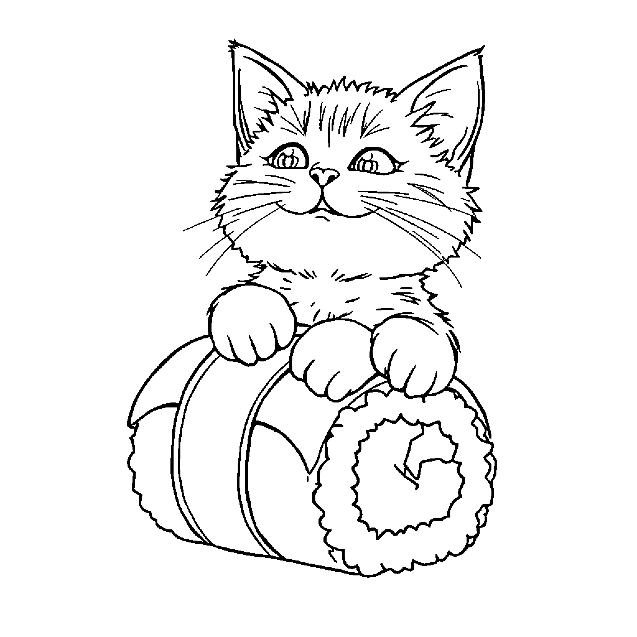 Cat curled up in a cozy basket Coloring Page (free black-and-white line drawing printable PDF for all, from beginners to advanced learners, including children, teens, adults, and seniors)
