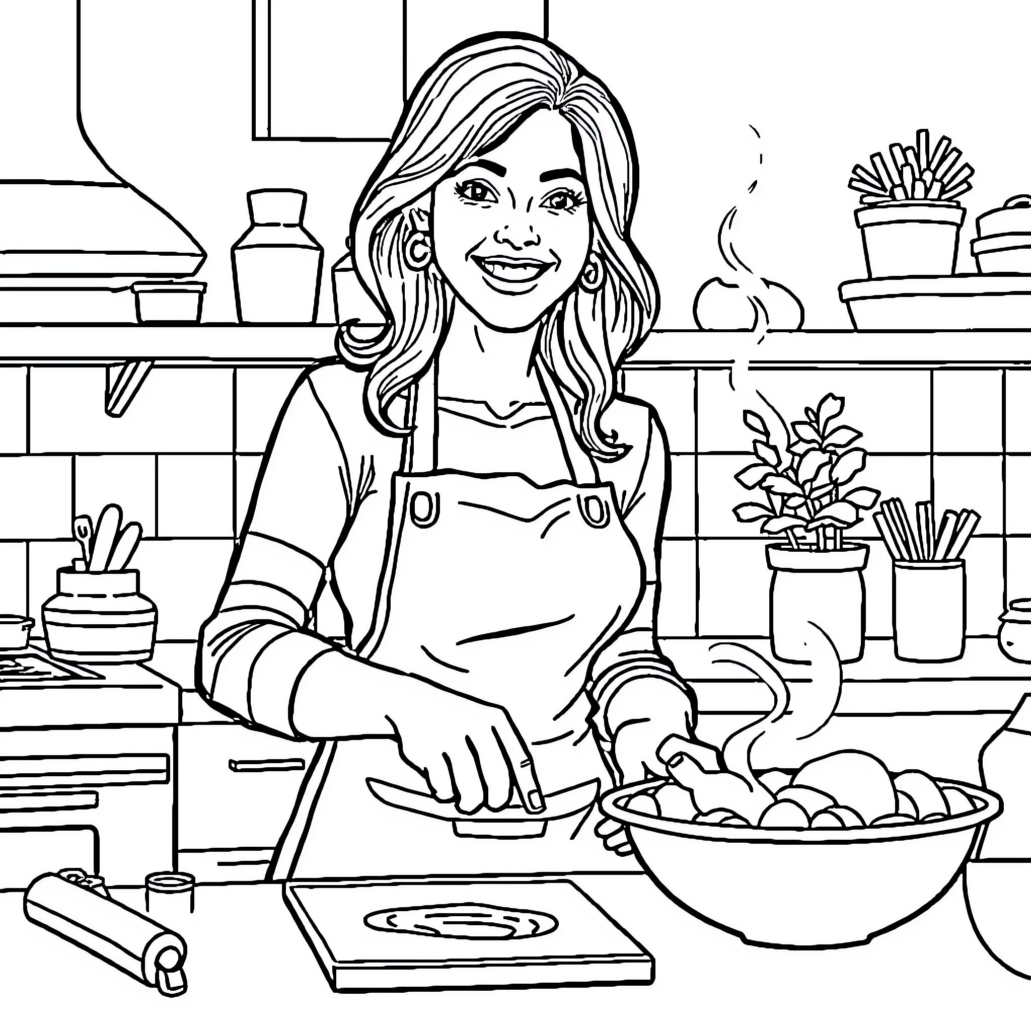 Karol G Preparing a Meal in the Kitchen Coloring Page (free black-and-white line drawing printable PDF for all, from beginners to advanced learners, including children, teens, adults, and seniors)
