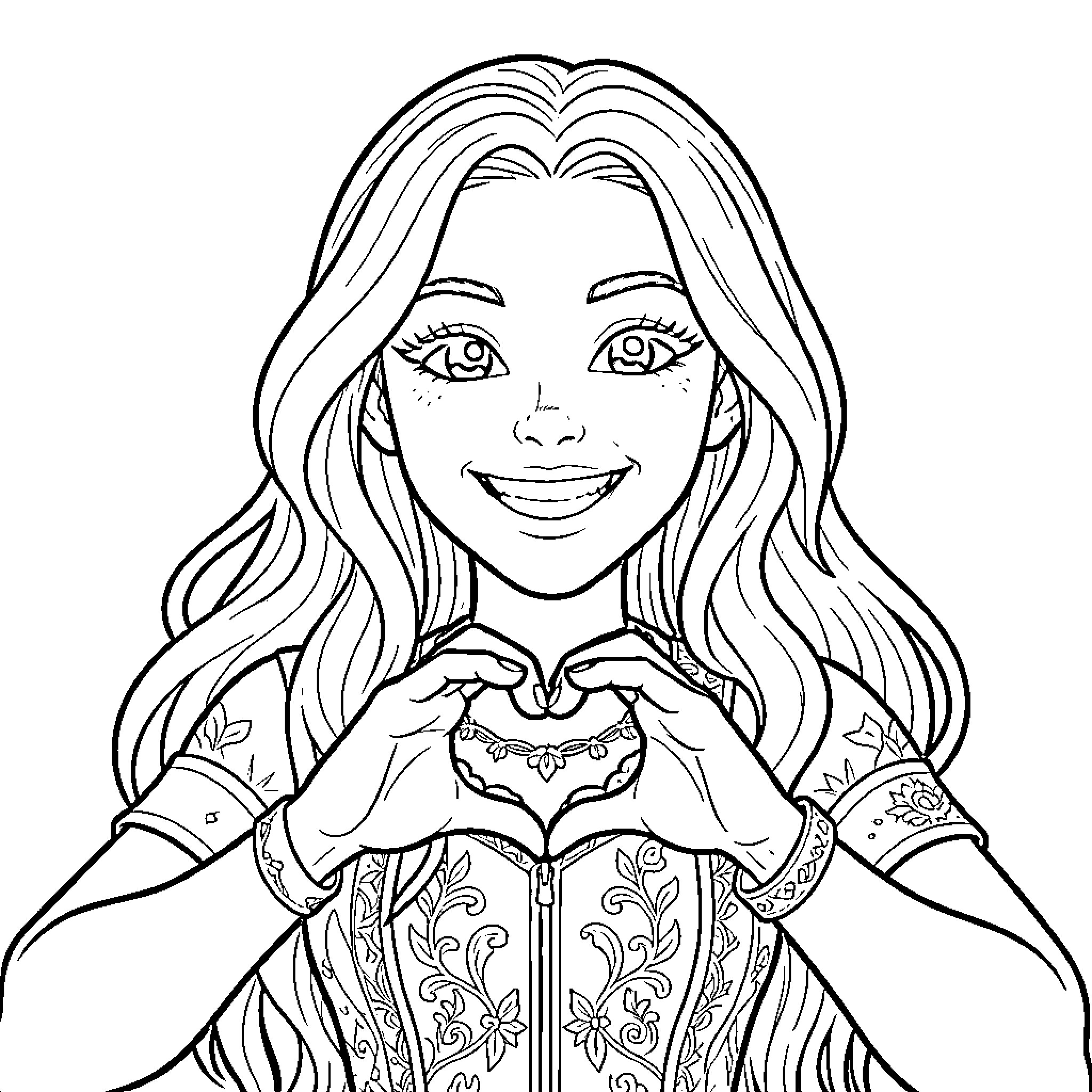Evie smiling and making a heart shape with hands Coloring Page (free black-and-white line drawing printable PDF for all, from beginners to advanced learners, including children, teens, adults, and seniors)