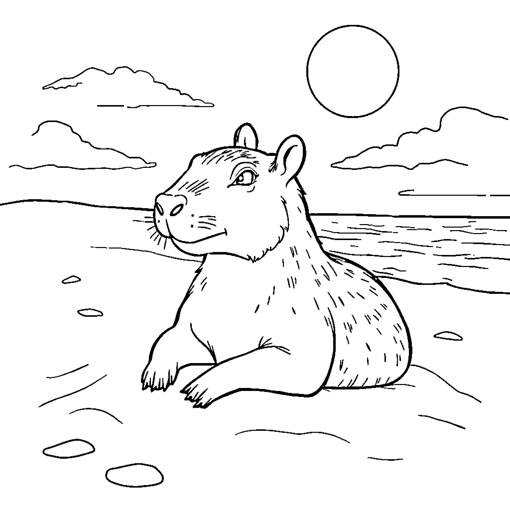 Capybara sitting by the shore under the sun Coloring Page (free black-and-white line drawing printable PDF for all, from beginners to advanced learners, including children, teens, adults, and seniors)